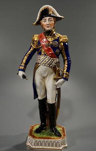 Saxon Ceramic Figurine Napoleonic Officer Lefebure: Saxon Ceramic Figurine Napoleonic Officer Lefebure Dresden 5 Prong Crown Mark Approximately 11 1/3 inches tall. Please check back for updates, we are adding new items daily.