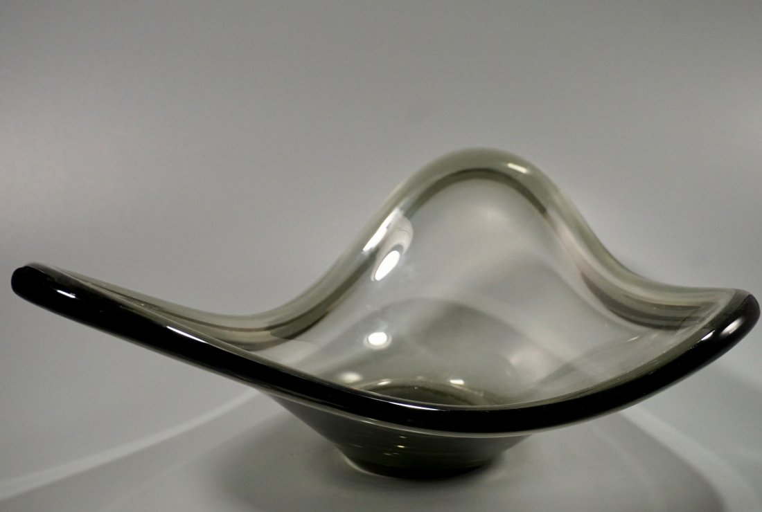 Per Lütken For Holmegaard Smoked Topaz Art Glass Seland: Per Lütken For Holmegaard Smoked Topaz Art Glass Selandia Dish Signed Dated 1960 Mid Century Dutch Approximately 5 1/16 x 14 3/4 inches across. Please check back for updates, we are adding new items