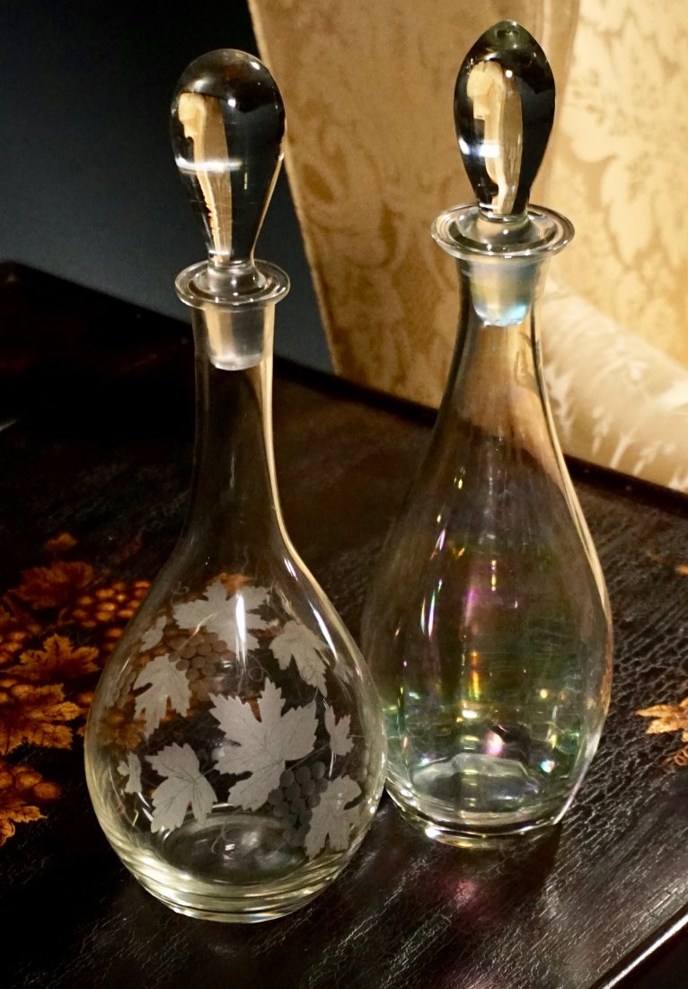 Pair Vintage Glass Decanters Wine Bottle Grape Motif: Pair Vintage Decanters Wine Bottle Grape Motif and Iridescent Glass Approximately 15 11/16 and 14 1/2 inches. Please check back for updates, we are adding new items daily.