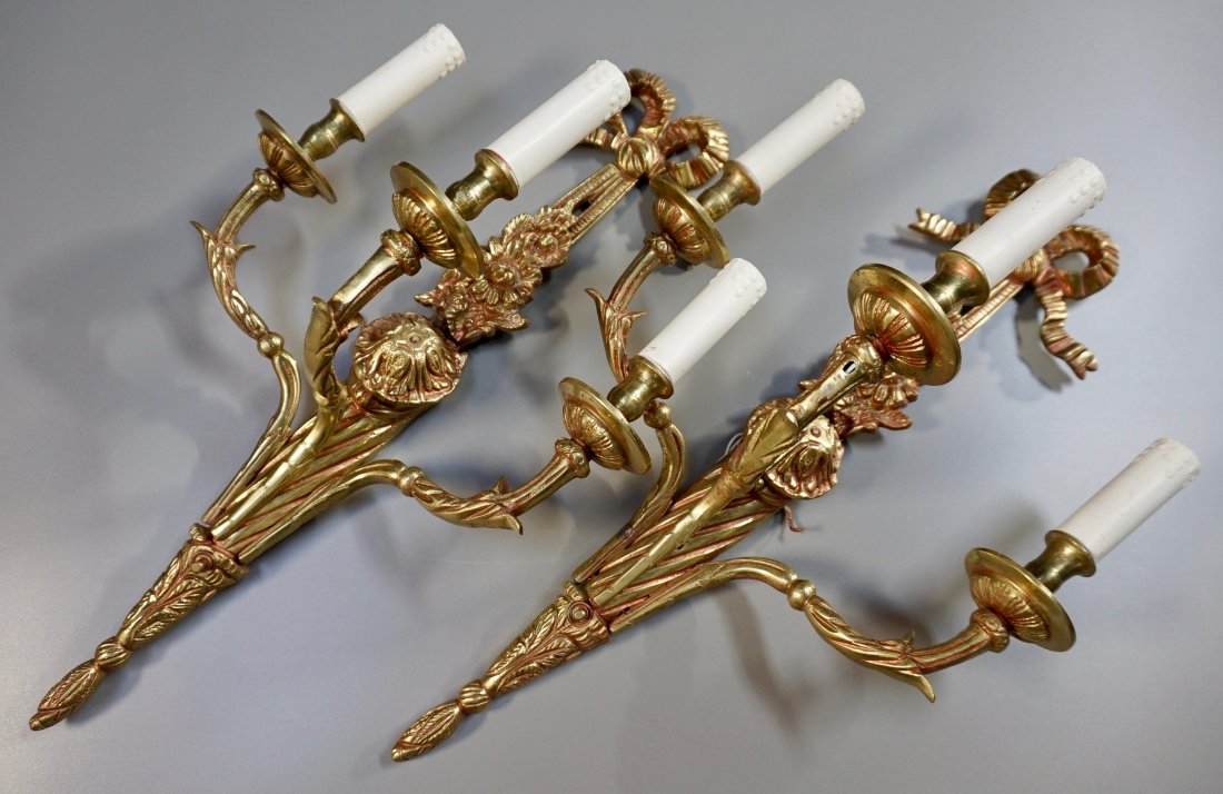 Pair of French Ribbon Brass Wall Sconces 3-Candle Elect (1 of 5)