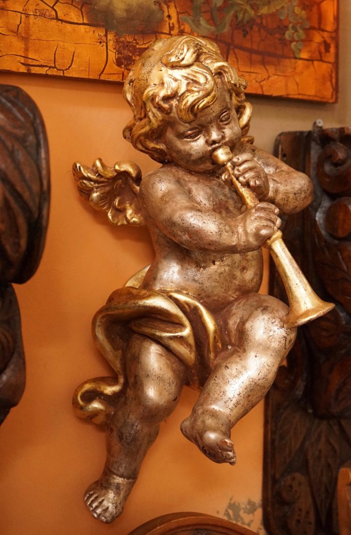 Trumpeting Angel Cherub Silver Leaf Gesso Parcel Gilded (1 of 11)