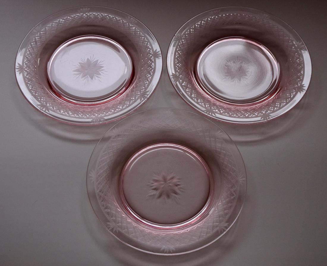 Vintage Cut Glass Pink Hue Plate Lot of 3 Plates: Vintage Cut Glass Pink Hue Plate Lot of 3 Plates Approximately 8 3/8 inches in diameter.