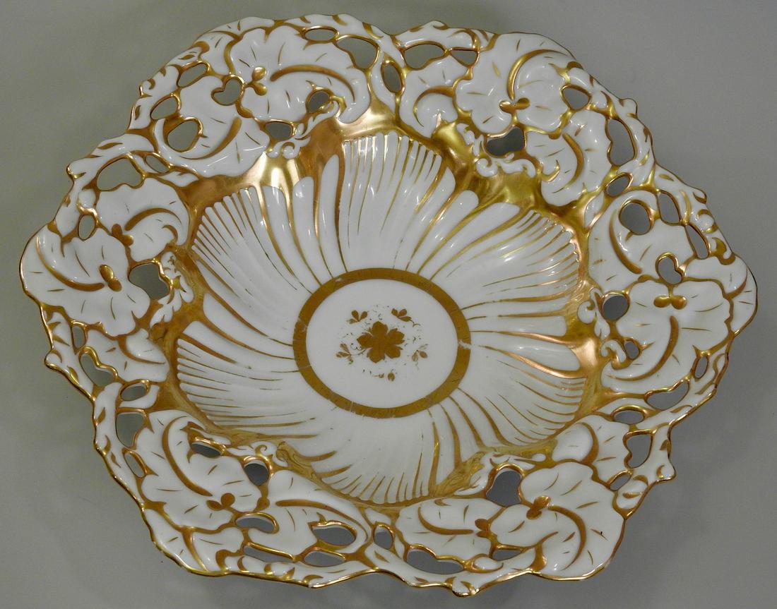 Carlsbad Bellaria Bohemian White Gold Porcelain: Carlsbad Bellaria Bohemian White Gold Porcelain Reticulated Bowl Bread Basket Approximately 13 1/4 inches in diameter.