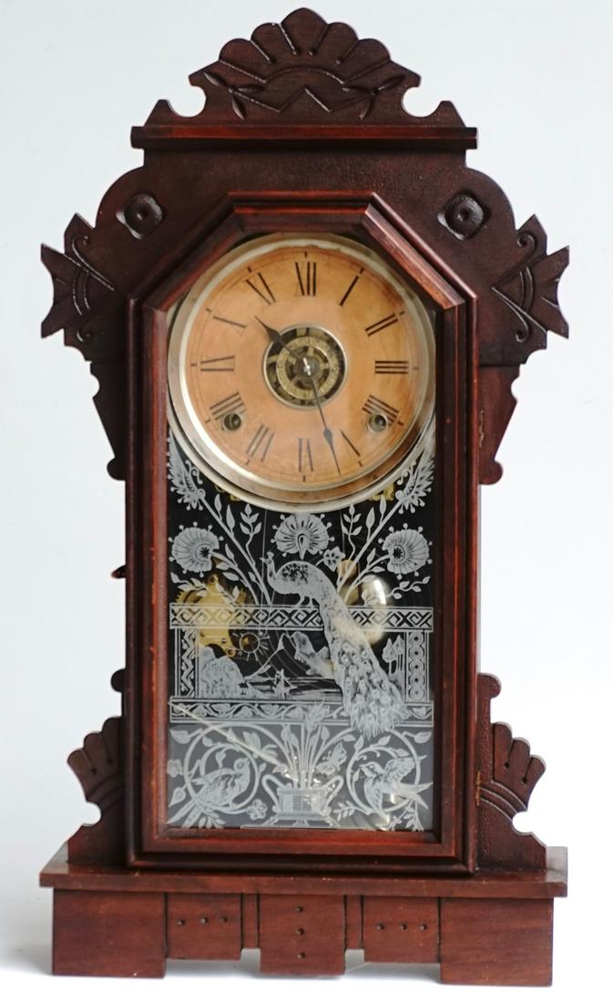 Sessions Eastlake Mantle Shelf Kitchen Alarm Clock: Sessions Eastlake Mantle Shelf Kitchen Alarm Clock Works, 8-Day movement runs good, strikes on the hour and half hour, working alarm mechanism, original ornate pendulum, original Peacock reverse stenc