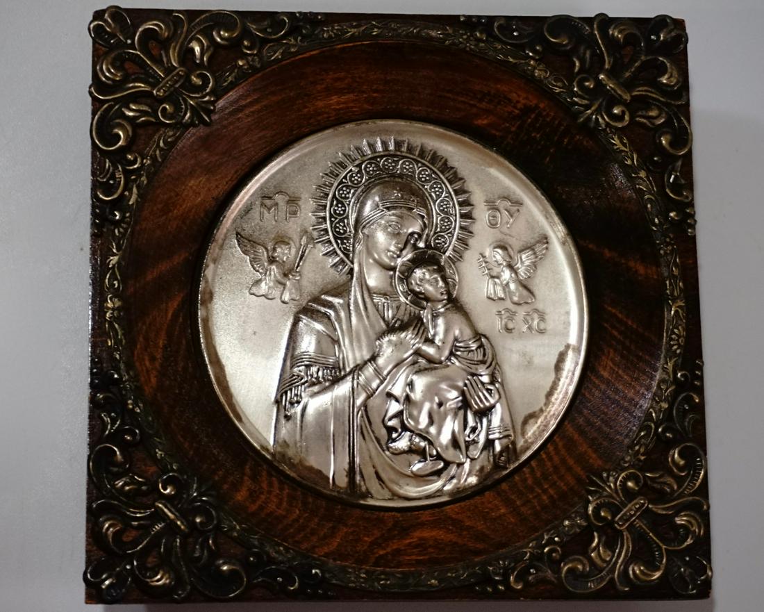 Our Lady of Perpetual Help Santa Maria de Perpetuo: Our Lady of Perpetual Help Santa Maria de Perpetuo Succursu Roundel Plaque Icon Approximately 3 7/16 inches in diameter; 5 9/16 x 5 7/16 inches framed.