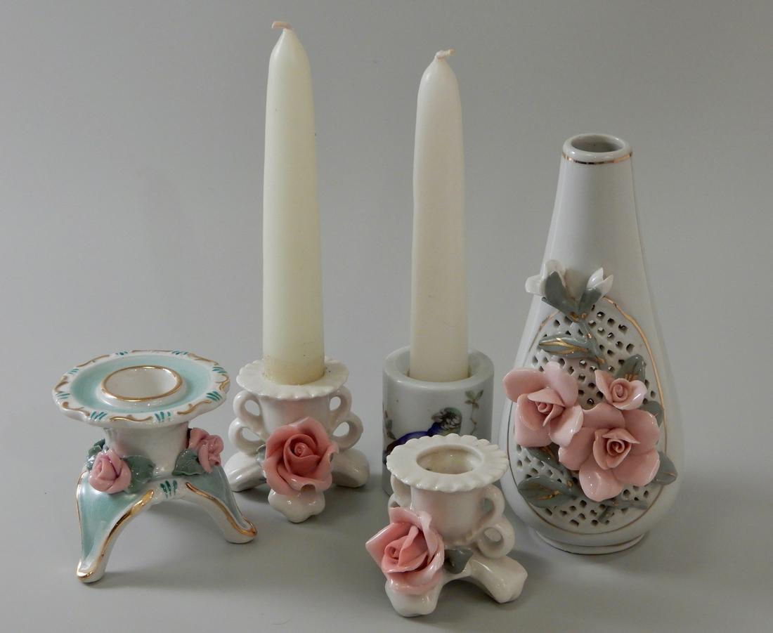 Group of Porcelain Flower Candleholders, Vase including: Group of Porcelain Flower Candleholders, Vase including Italian Capodimonte, Pair of German Karl Ens Candle Holders with Applied Pink Roses etc. Lot of 5 items Vase is approximately 5 5/8 inches tall;