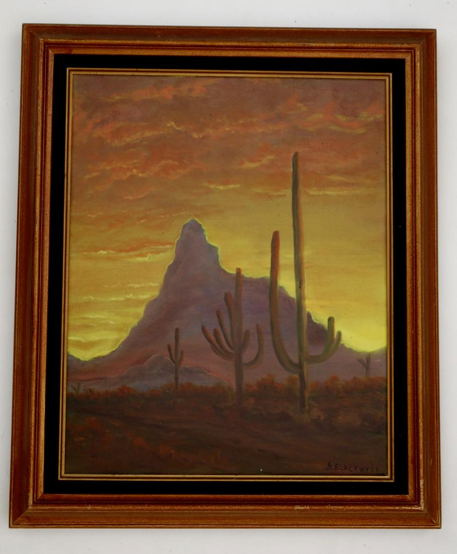 Western Landscape Sunset Cactus Signed Painting on: Western Landscape Sunset Cactus Signed Painting on Canvas Approximately 20 x 16 1/16 inches; 24 13/16 x 20 13/16 inches framed.