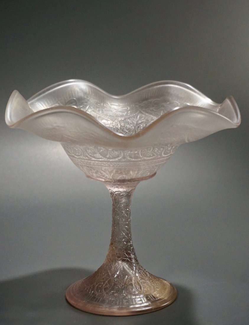 Northwood Glass Hearts and Flowers White Iridescent Gla: Northwood Glass Hearts and Flowers White Iridescent Glass Compote Approximately 6 inches tall x 6 15/16 inches in diameter.