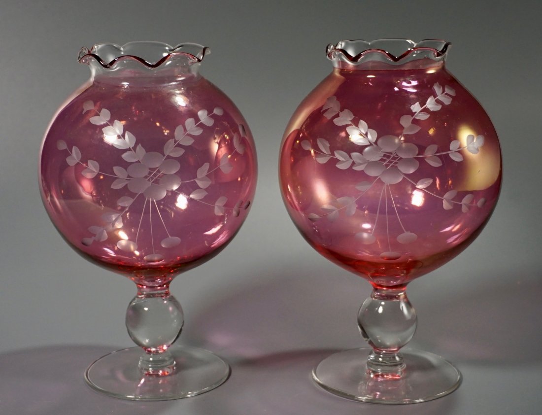 Cranberry Flashed Cut Glass Footed Rose Bowl Vase Lot 2: Cranberry Flashed Cut Glass Footed Rose Bowl Vase Lot of 2 Approximately 7 11/16 inches tall.