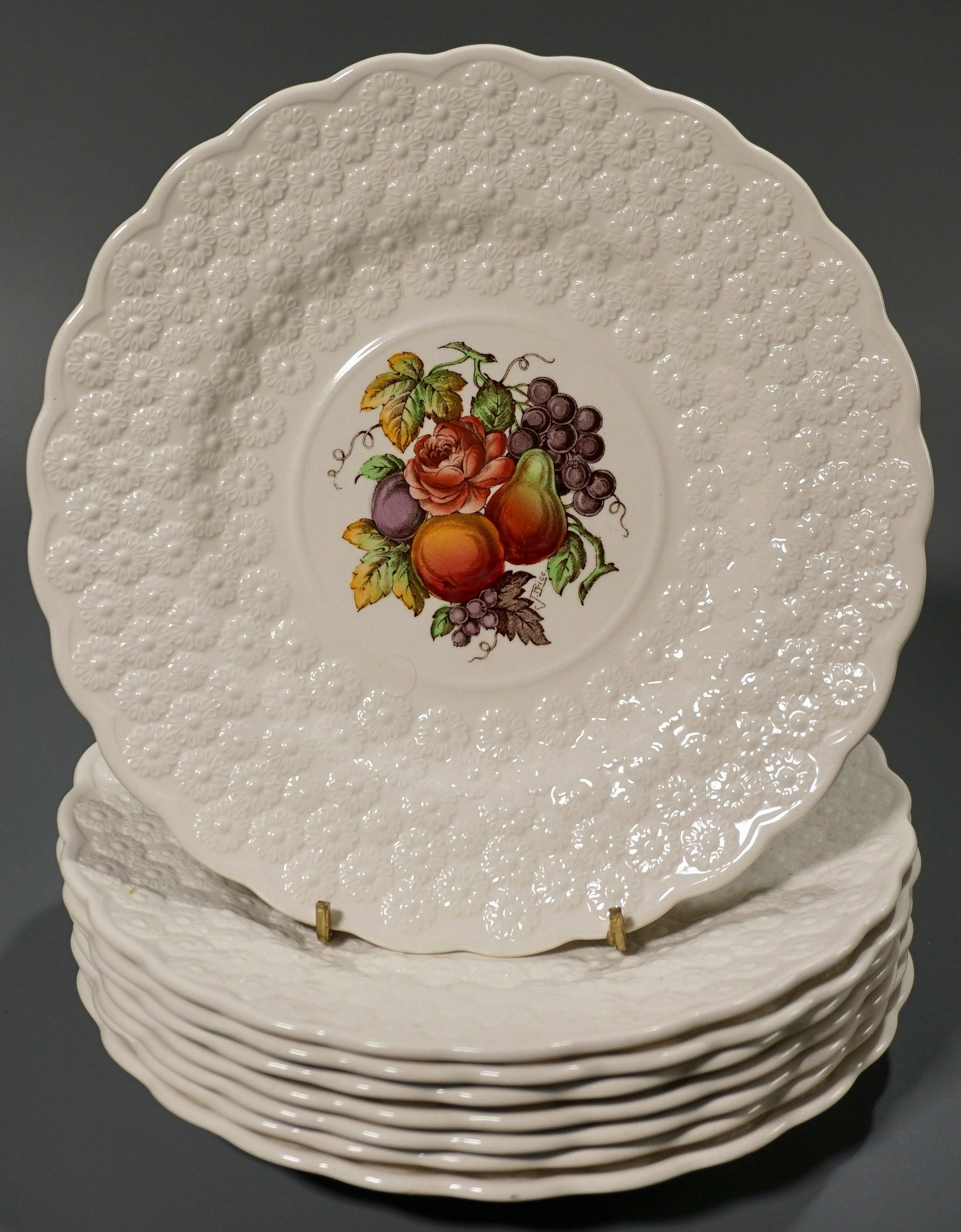 Vintage English Spode Copeland Embossed Fruit Plate Lot: Vintage English Spode Copeland Embossed Fruit Plate Lot of 8 Plates Approximately 9 1/4 inches in diameter.