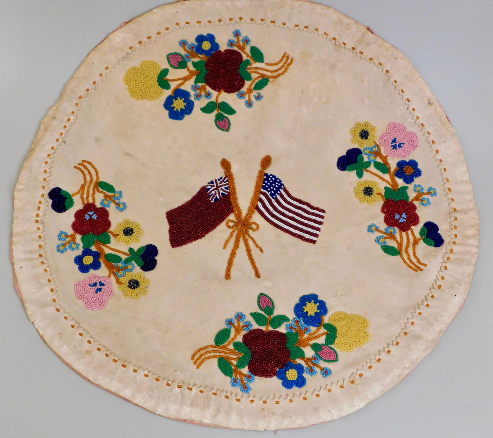 Native American Antique Patriotic Beadwork Stars Stripe: Native American Antique Patriotic Beadwork Stars and Stripes Flowers British Flag Embroidered Textile Approximately 20 inches in diameter.