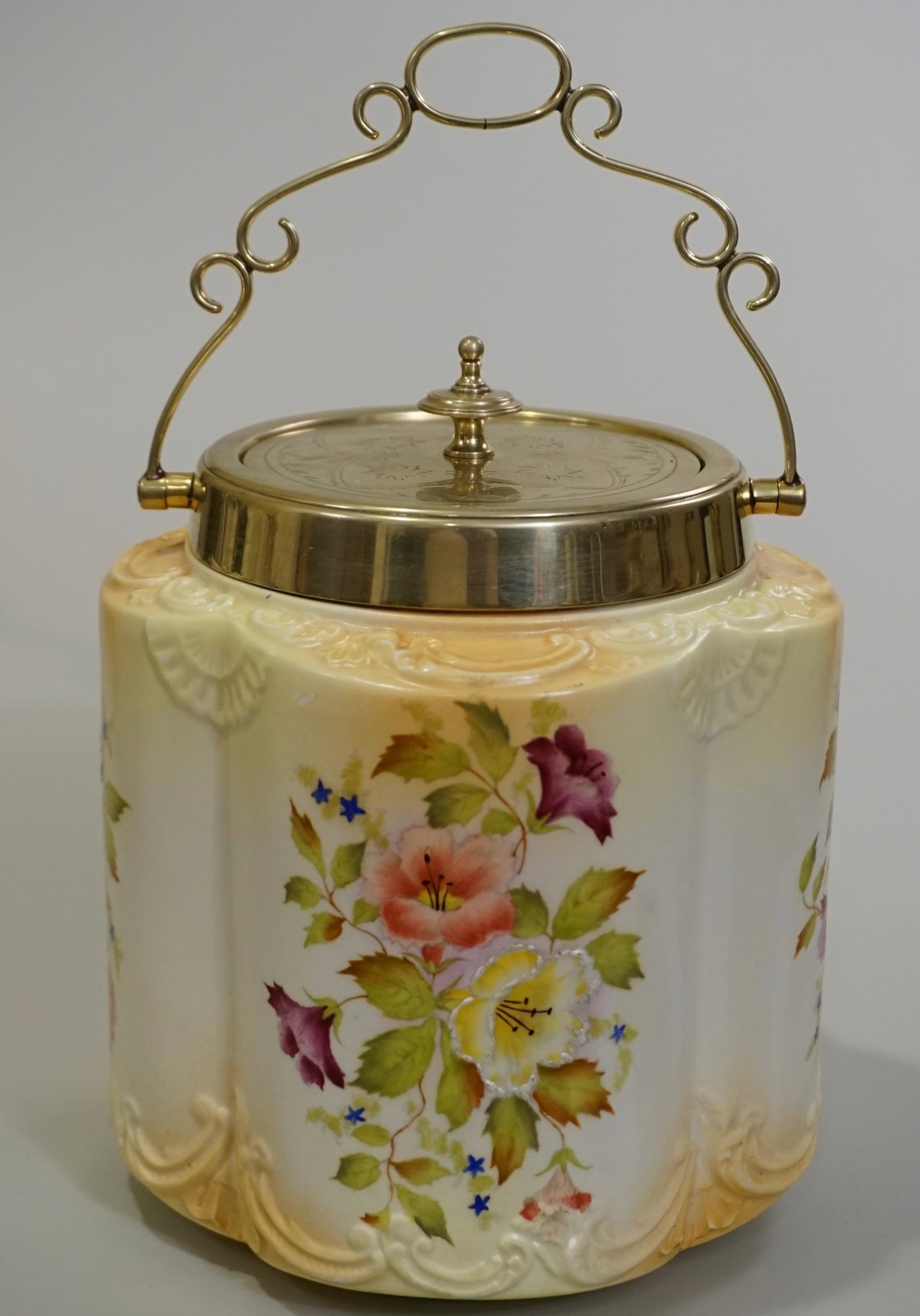 Aesthetic English Cookie Jar Nickel Silver Plated Lid: Aesthetic English Cookie Jar Nickel Silver Plated Lid Approximately 6 1/8 x 6 1/8 x 6 3/8 inches without the handle; 9 7/8 inches tall overall.