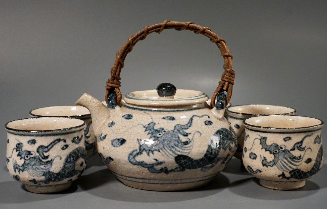 Oriental Hand Painted Pottery Dragon Tea Set Teapot Cup (1 of 8)
