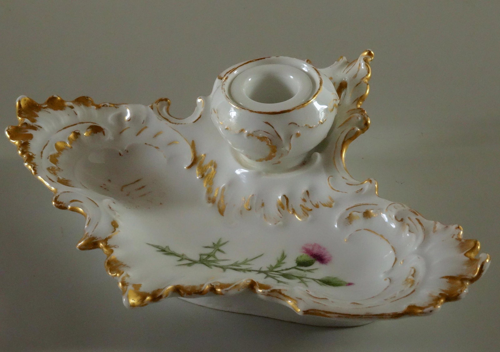 Antique Porcelain Rococo Inkwell Painted With Thistle: Antique Porcelain Rococo Inkwell Painted With Thistle Signed Approximately 9 x 7 1/8 inches.