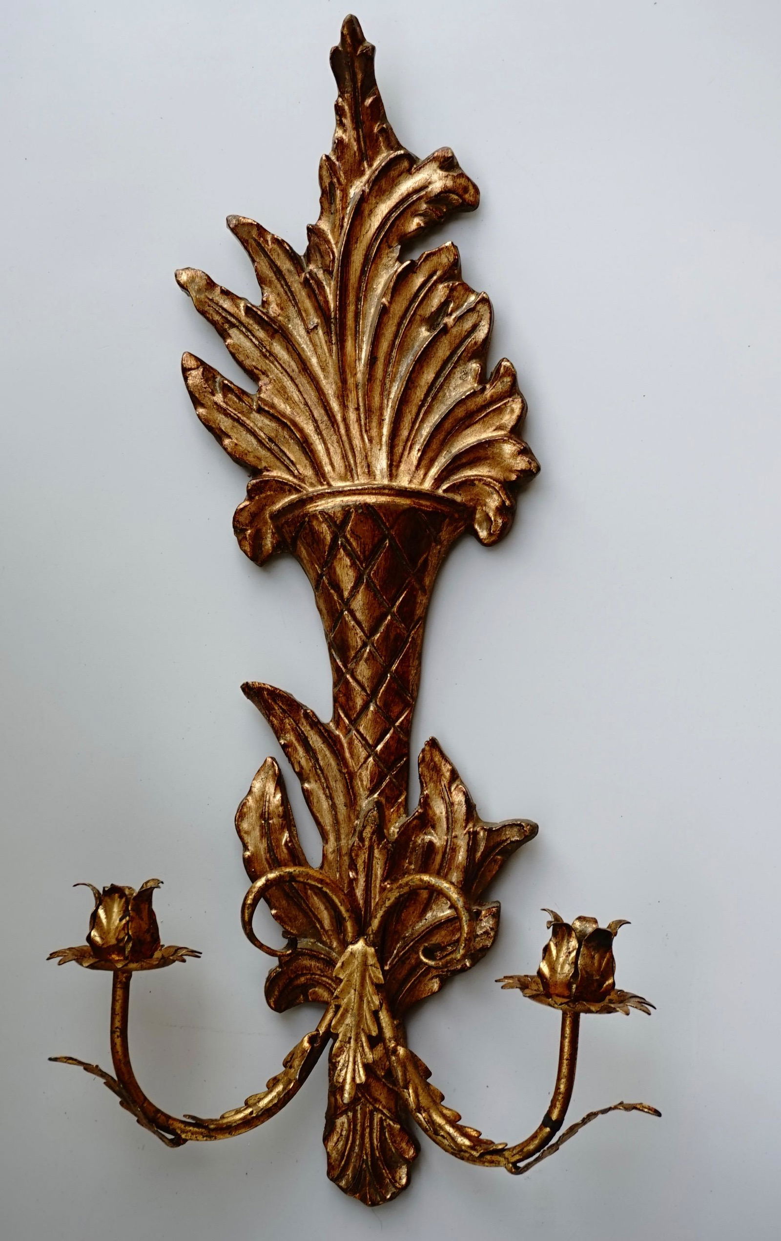 Italian Carved Gilded Wood Sconce Two Candle Tole (1 of 11)
