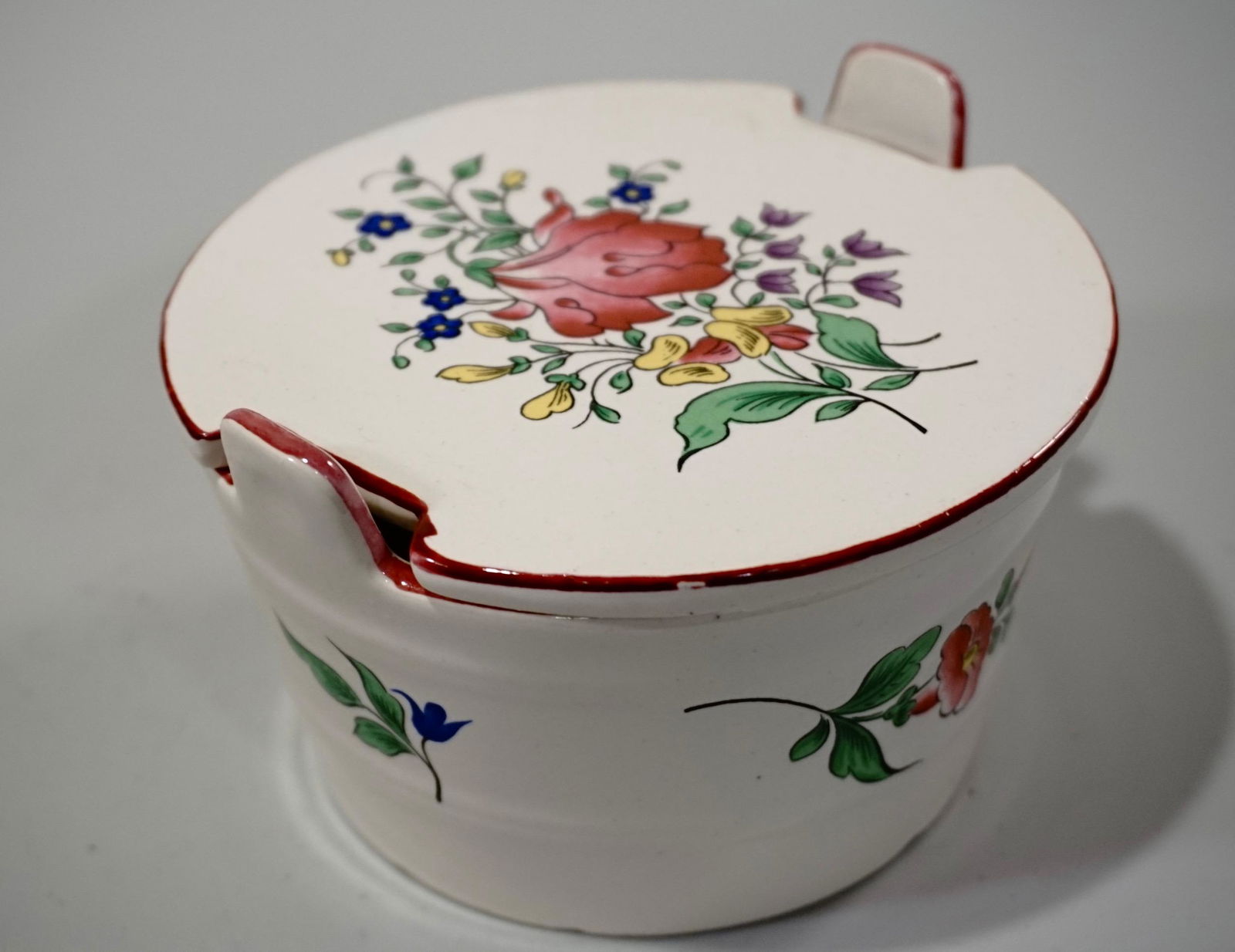 Luneville France Butter Tub: K & G Luneville Old Strasbourg Rose Butter Tub Keller et Guerin French Hand Painted Earthenware 2 7/8 x 4 1/2 in diameter German Bisque Water Font