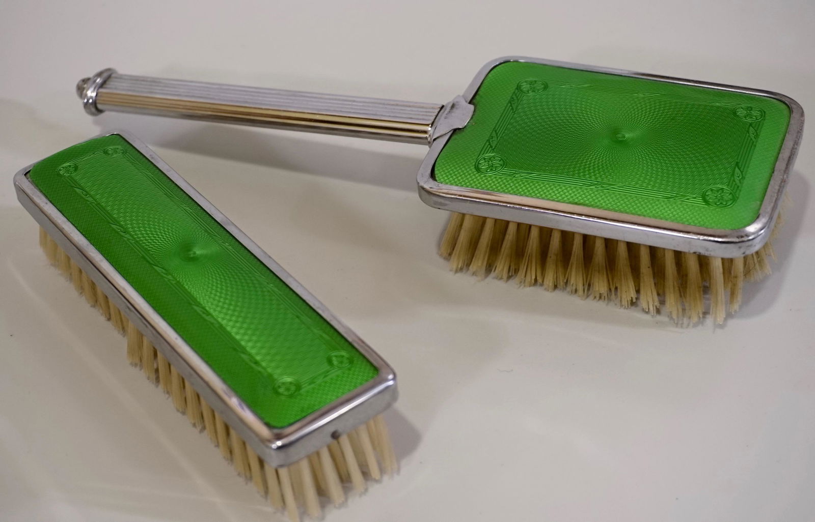Art Deco Chrome Green Guilloche Enamel Vanity Brushes (1 of 8)