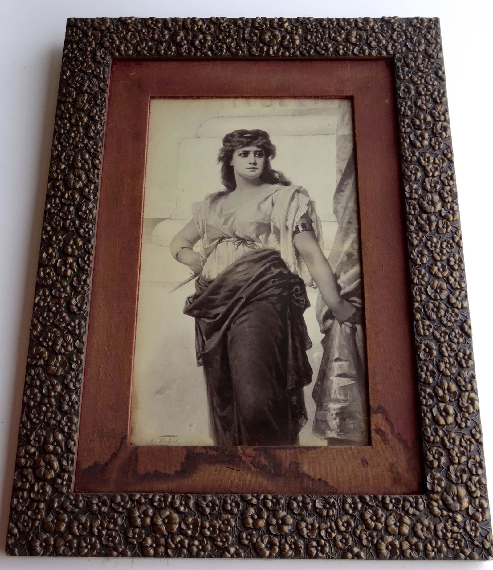 Large Antique Victorian Print Maiden Holding Dagger Orn (1 of 5)