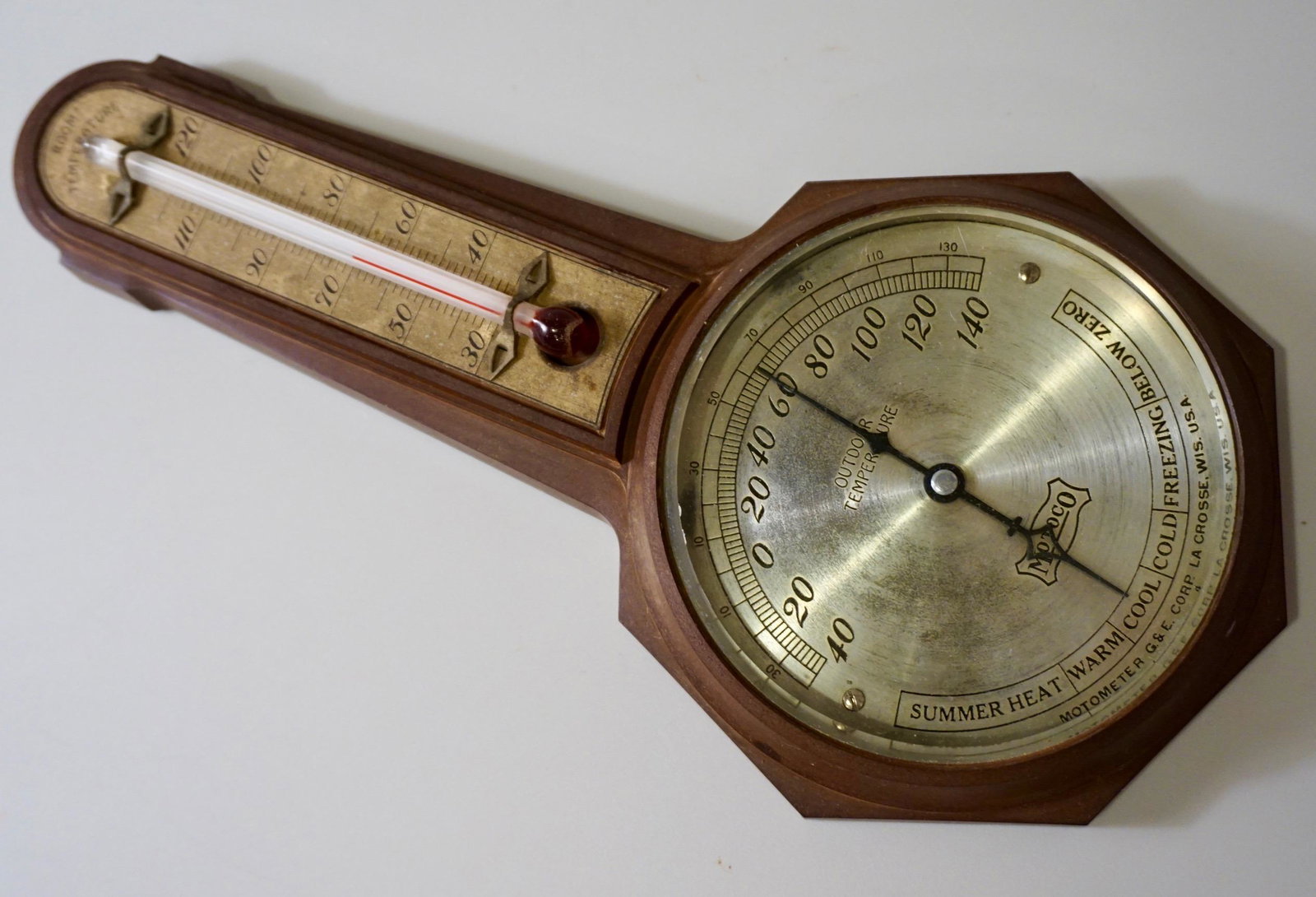 Vintage Motoco La Crosse Outdoor Sensor Thermometer: Vintage Motoco La Crosse Outdoor Sensor Thermometer Motometer G&E Corp Wisconsin USA c1925 Approximately 10 7/8 x 5 3/8 inches.