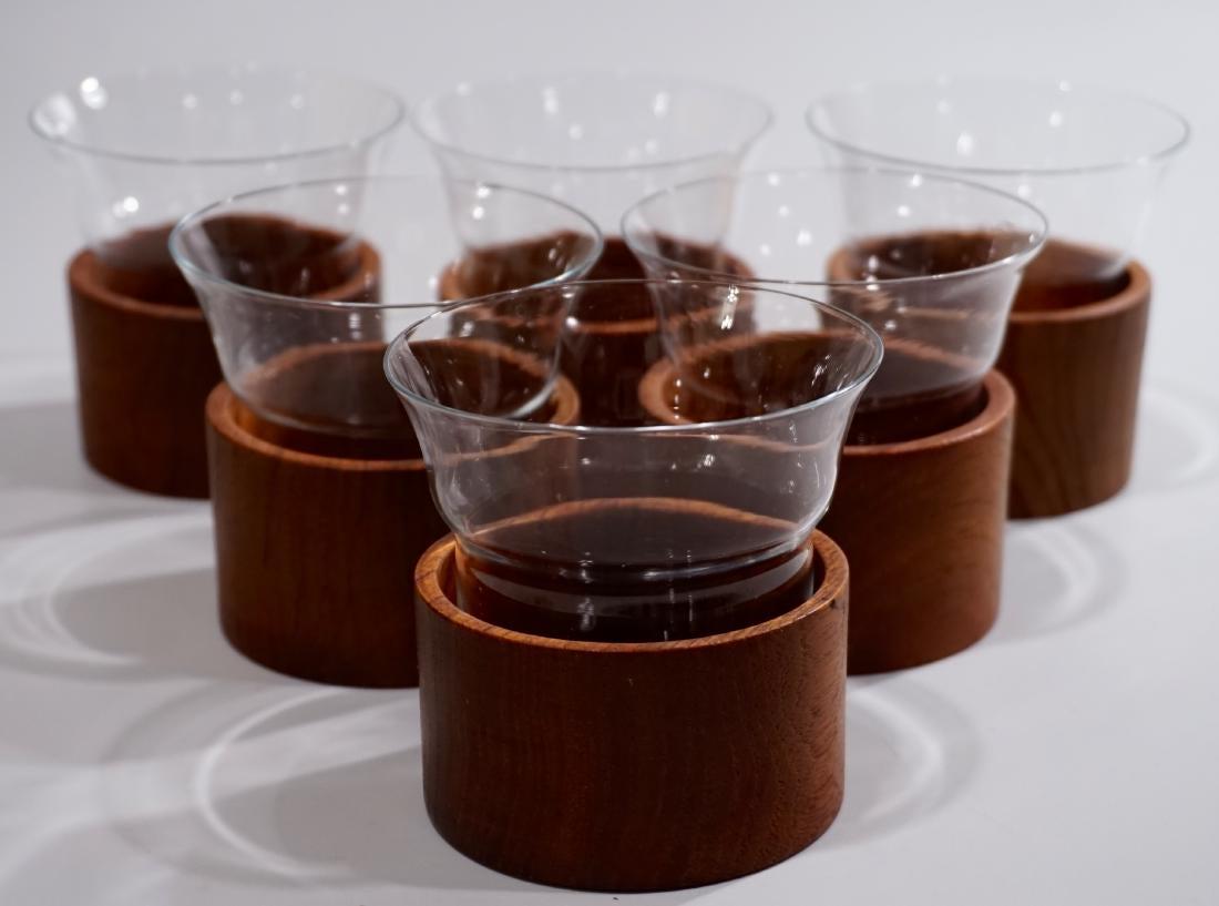 Mid Century Modern Scandinavian Design Barware Glasses: Mid Century Modern Scandinavian Design Barware Glasses in Walnut Holders Lot of 6 Approximately 2 7/8 x 3 3/16 inches in diameter.