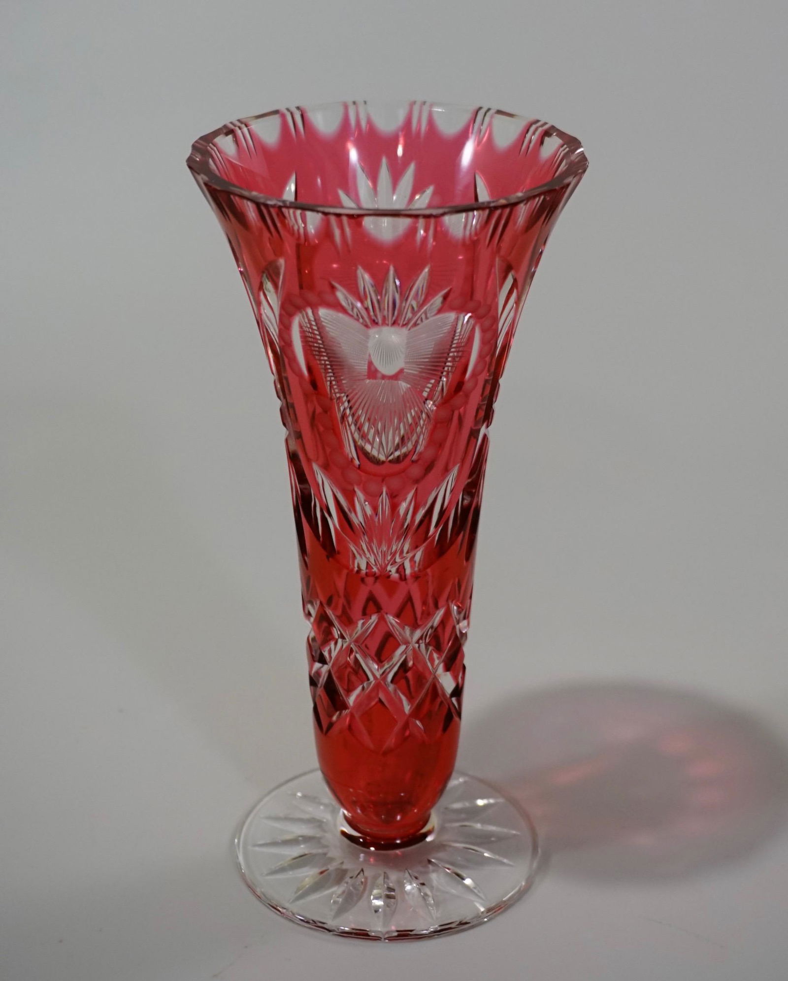 Cranberry Cut To Clear Crystal Trumpet-form Vase (1 of 6)