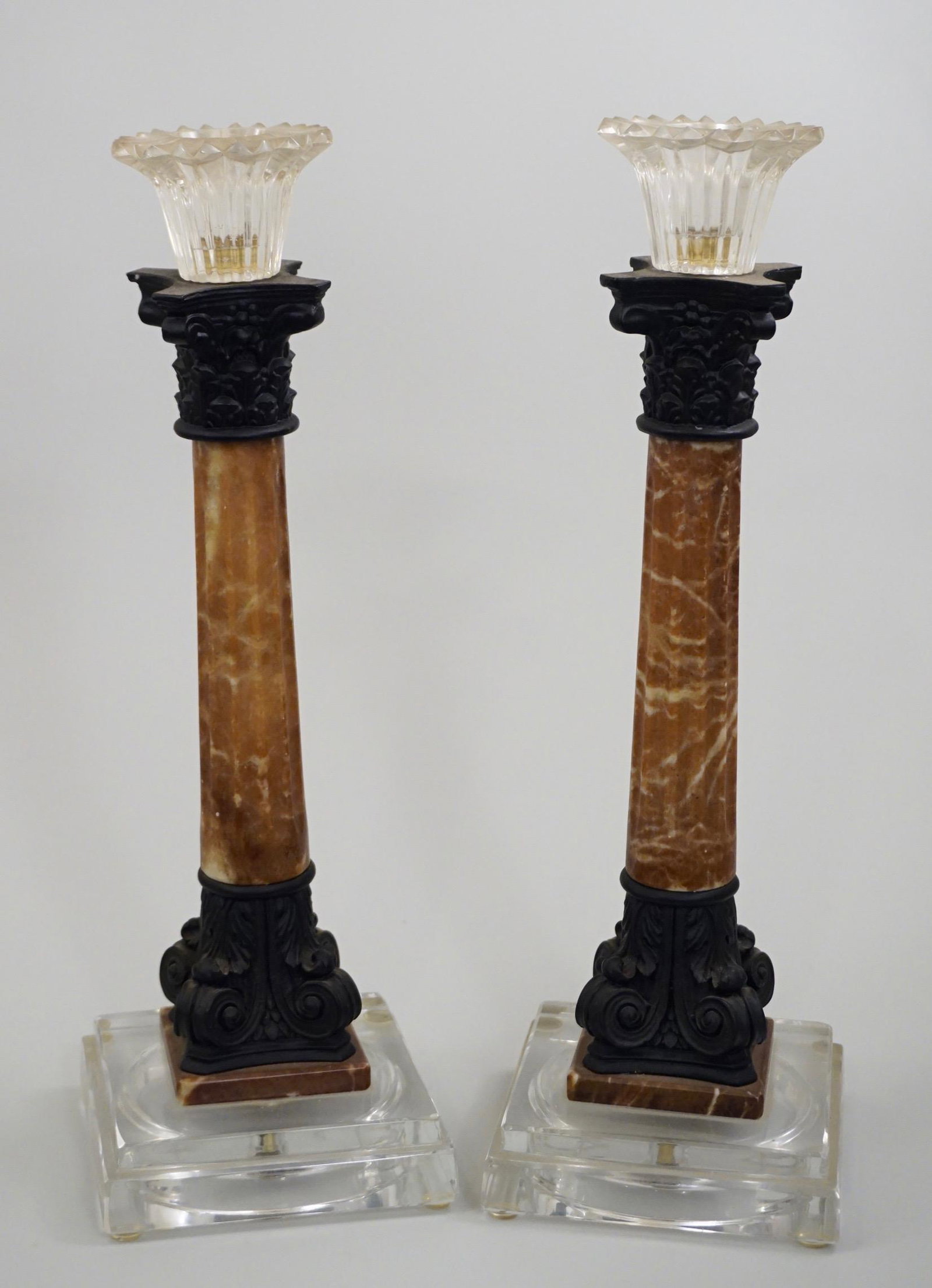 Faux Marble Modern Italian Candlesticks on Glass Base: Faux Marble Modern Italian Candlesticks on Glass Base Pair 15 1/16 inches tall on 5x5 inches glass base.