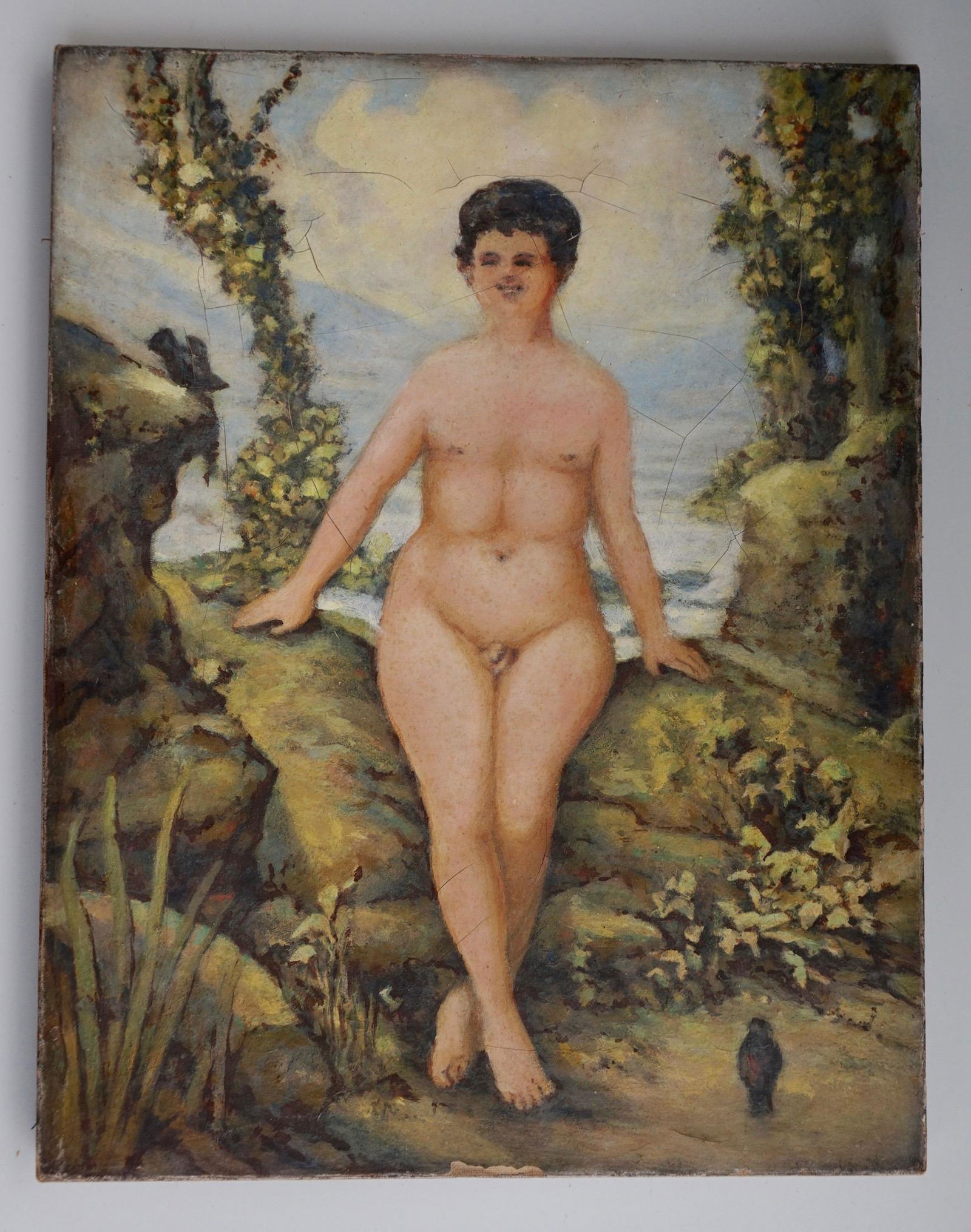 Victorian Freak Show Nude Hermaphrodite Oil On Canvas: Victorian Freak Show Nude Hermaphrodite Oil On Canvas Portrait Painting Hermaphroditus Peculiar Attraction Advertising Approximately 14 1/8 x 18 1/16 inches.