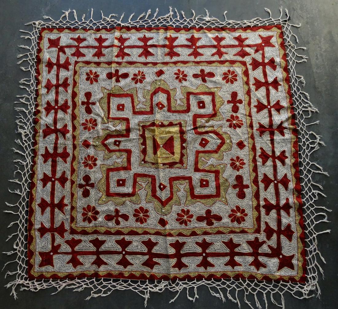 Vintage Mediterranean Jeweled Tablecloth Shawl: Vintage Mediterranean Jeweled Tablecloth Shawl Approximately 42 7/8 inches x 43 11/16 inches without the fringe.