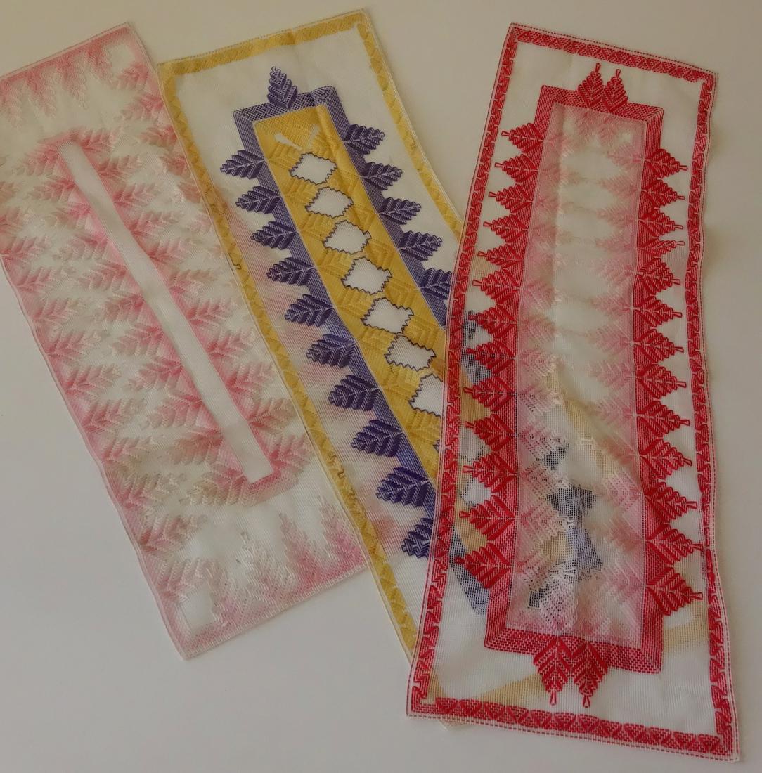Ethnic Russian Craft Needle Work Table Runners: Ethnic Russian Craft Needle Work Table Runners Approximately 51/2 ” x 161/2 ”; 5 5/16” x 14 5/8”; 5 7/16” x 17 3/8”.