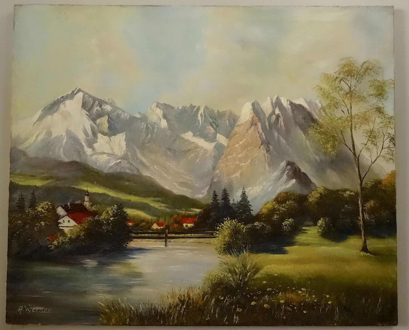 Alpine Mounting View Vintage Oil on Canvas Painting (1 of 5)