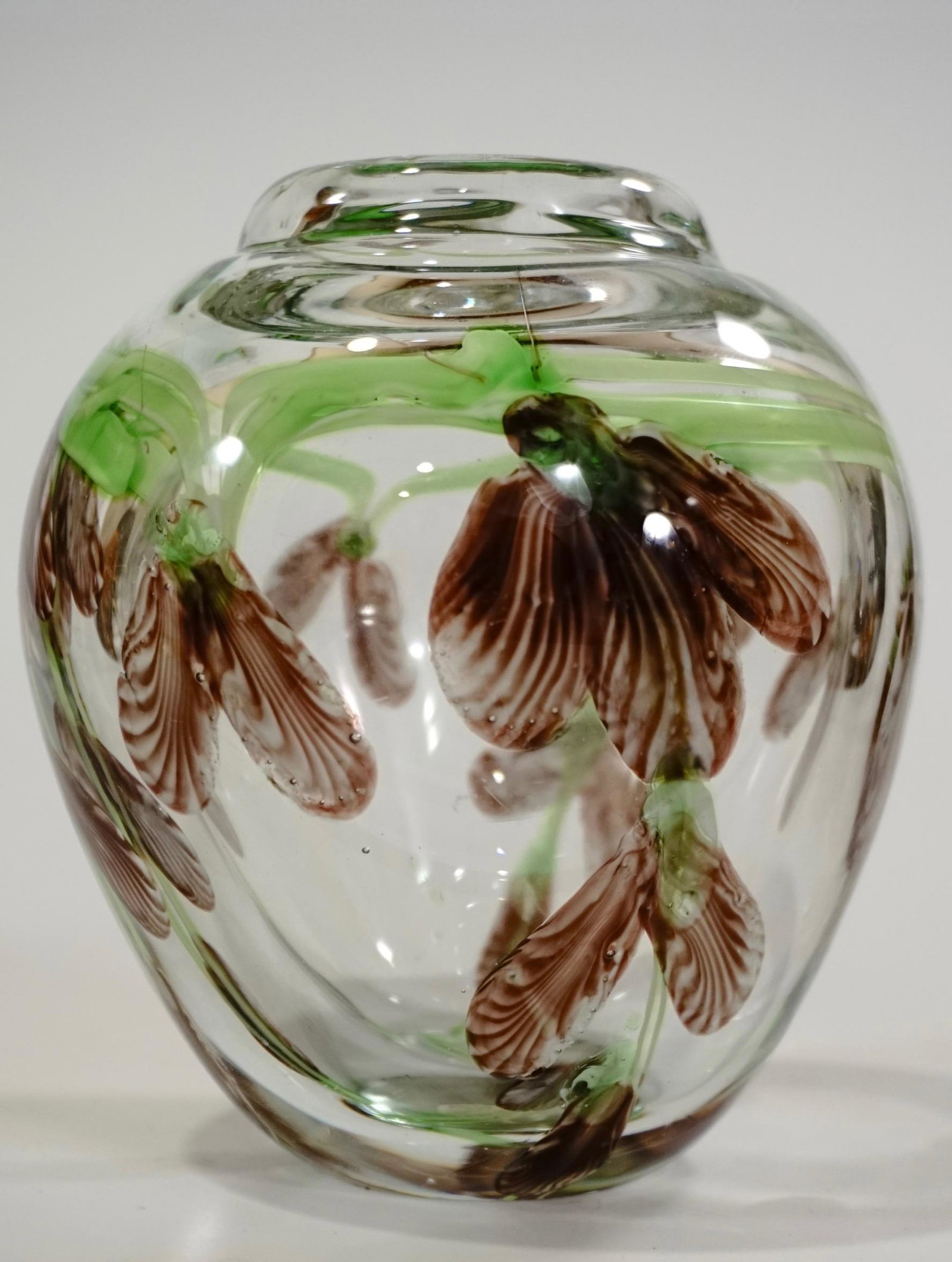 Thick Art Glass Art Nouveau Style Vase Stretched Cane: Thick Art Glass Art Nouveau Style Vase Stretched Cane Irises Polished Bottom Approximately 4 _ inches tall x 4 _ inches in diameter.