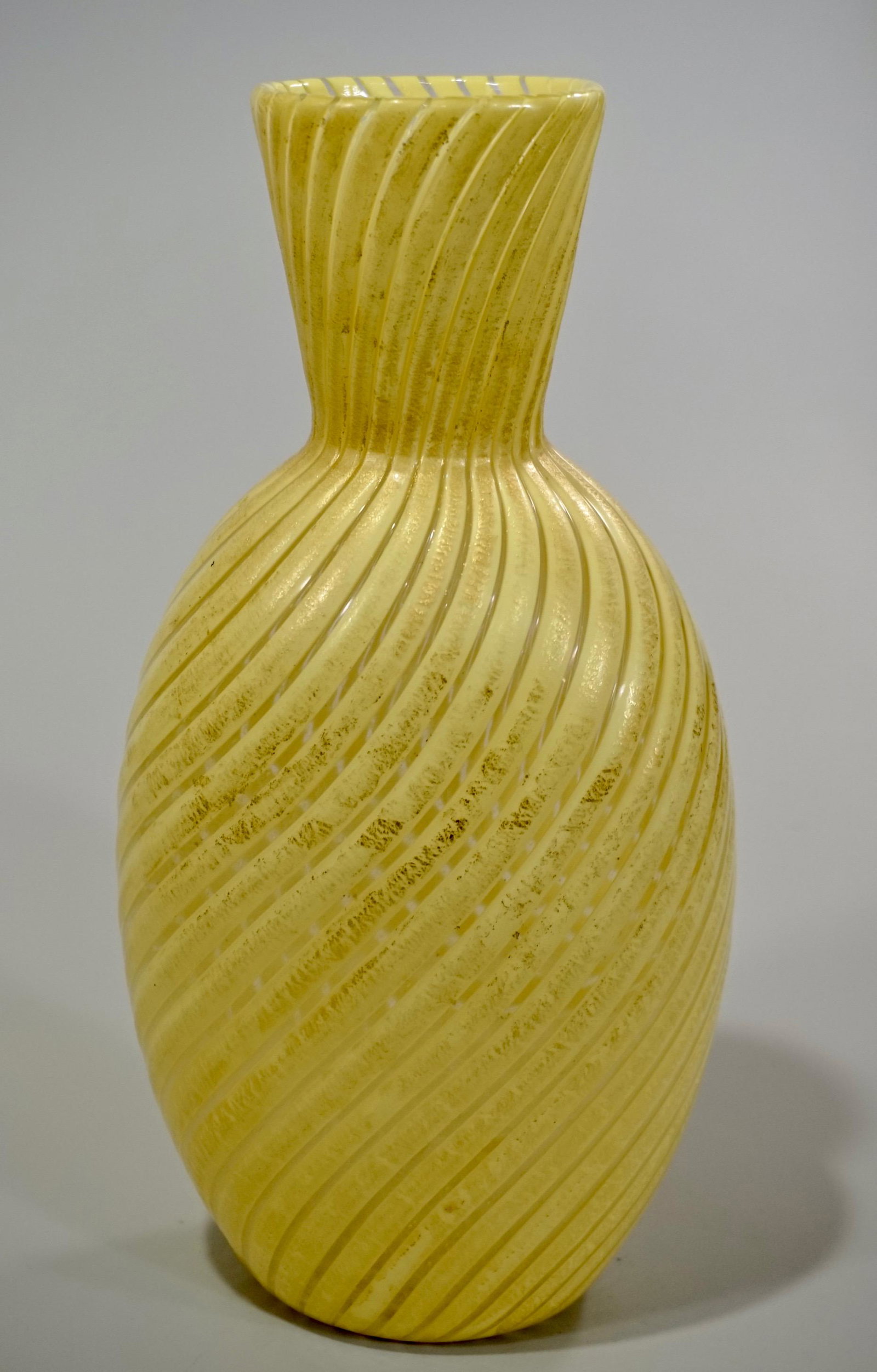Yellow Aventurine Art Glass Studio Vase Rib Twist Blown: Yellow Aventurine Art Glass Studio Vase Rib Twist Blown Pontil Approximately 5 x 3 1/4 x 10 1/4 inches tall.