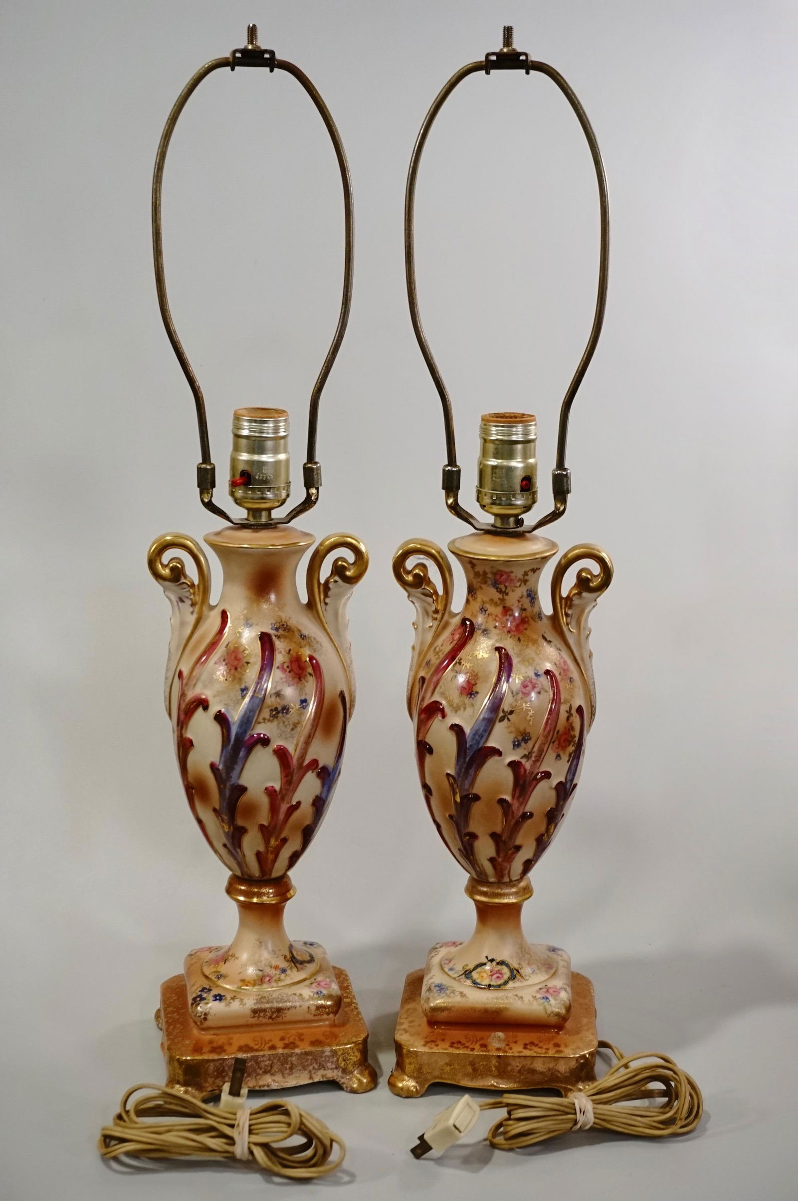 Vintage Ceramic Table Lamp Pair Hand Painted Lamps: Vintage Ceramic Table Lamp Pair Hand Painted Lamps Ceramic vase is approximately 12 3/4 inches tall on 4 _ x 4 _ inches base; approximately 23 3/8 inches tall overall.