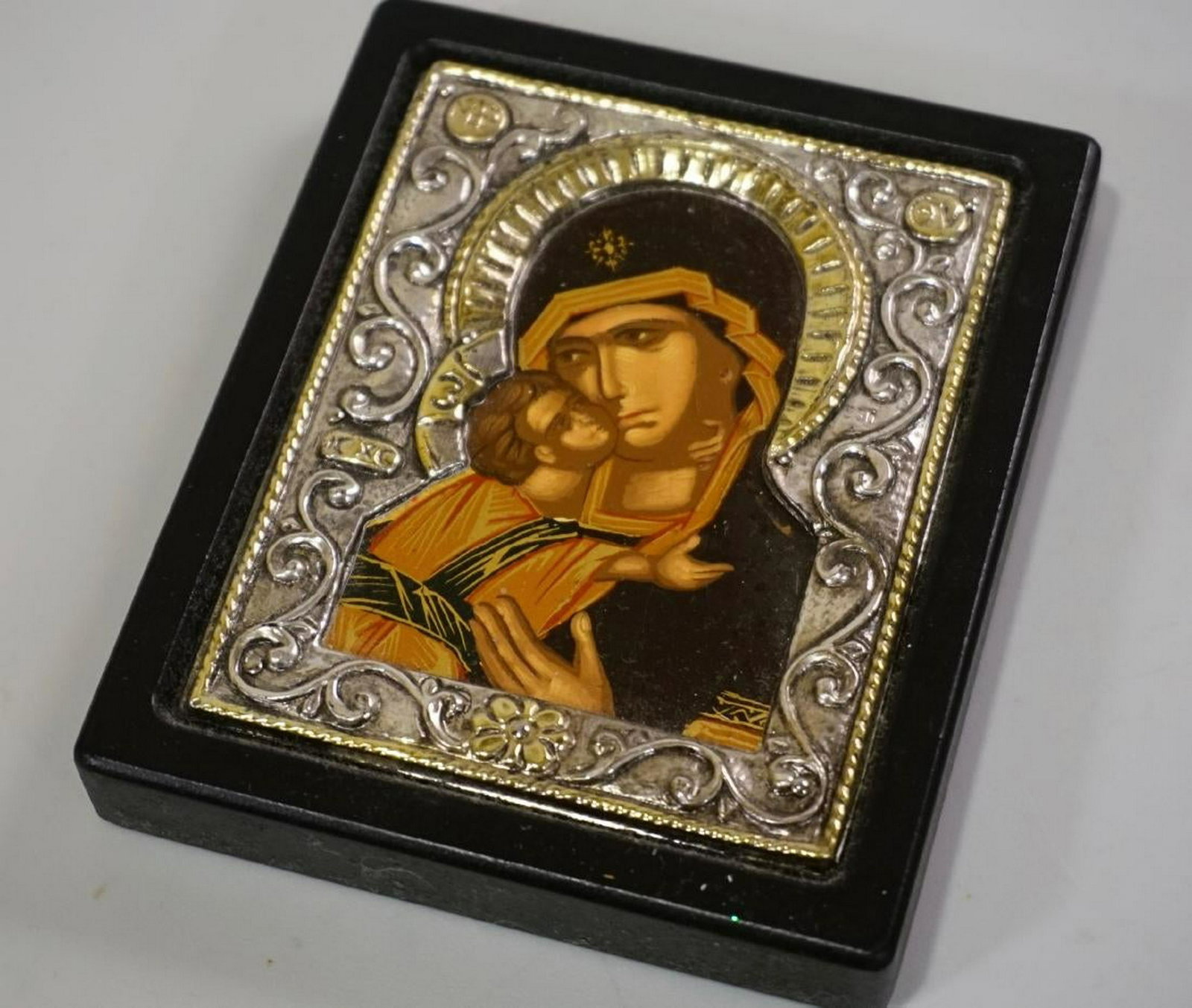 Madonna Icon Mother of God Byzantine Style Monastery: Madonna Icon Mother of God Byzantine Style Greek Monastery Painting Hand Painted Miniature Traveling Car Save and Protect Silver Clad Icon Approximately 4 3/16 x 3 3/8 inches.