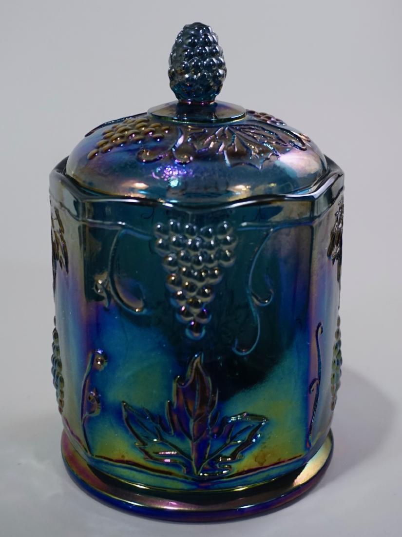 Carnival Glass Lidded Container Humidor Harvest Grape: Carnival Glass Lidded Container Humidor Harvest Grape Pattern Indiana Glass Approximately 7 3/8 inches tall overall x 4 1/2 inches in diameter.