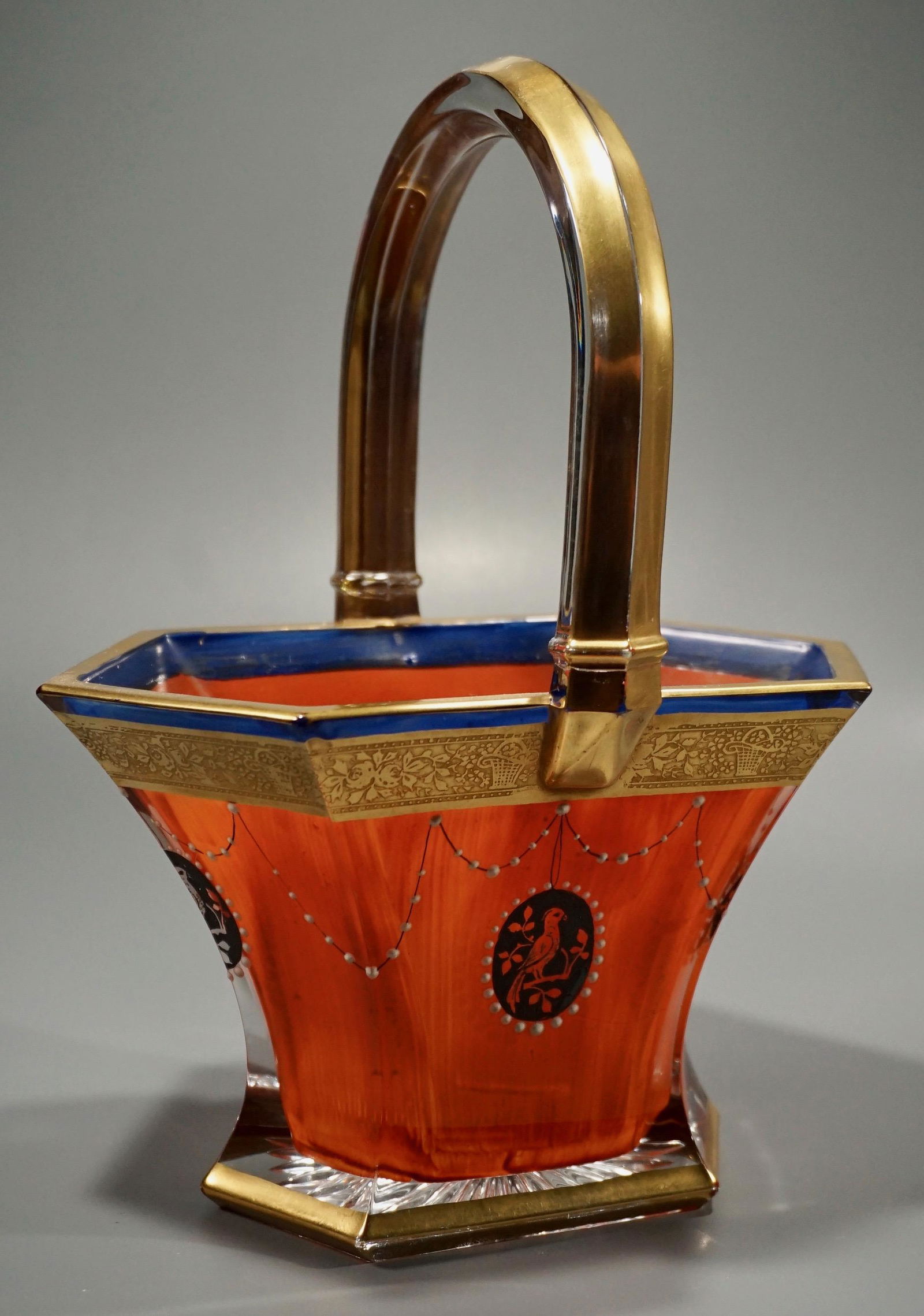 Art Deco Orange Blue Art Glass Basket Vase Enameled (1 of 5)
