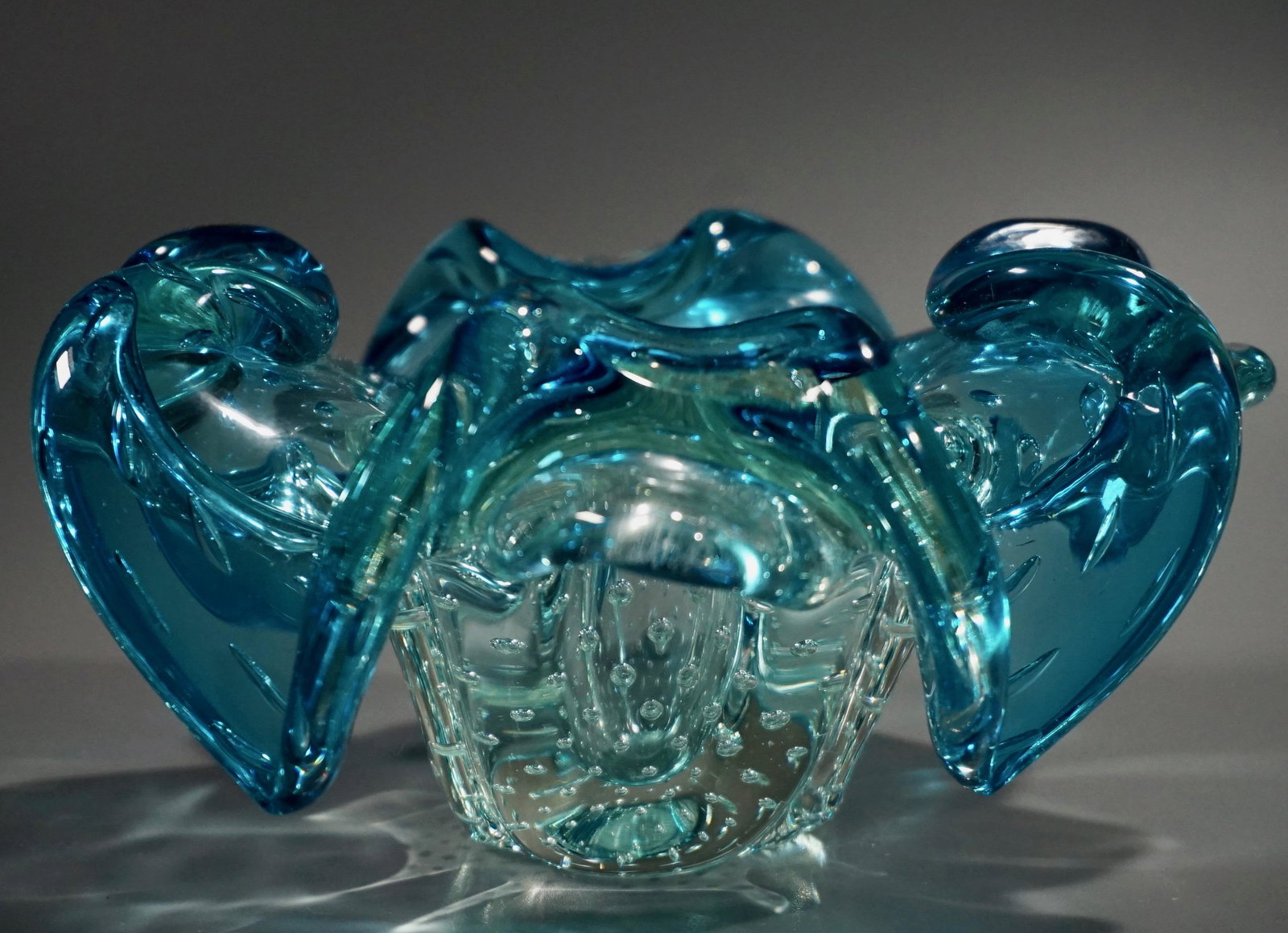 Aqua Blue Venetial Glass Controlled Bubble Fountain Art: Aqua Blue Venetial Glass Controlled Bubble Fountain Art Bowl Approximately 7 1/3 across x 3 11/16 inches tall.
