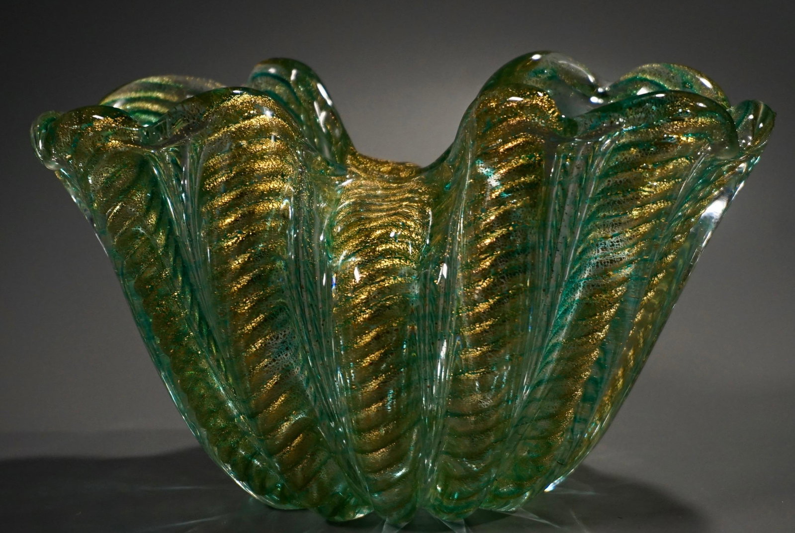 Green Aventurine Vintage Murano Glass Bowl Vase: Green Aventurine Vintage Murano Glass Bowl Vase Approximately 8 x 4 3/4 x 4 7/8 inches tall.