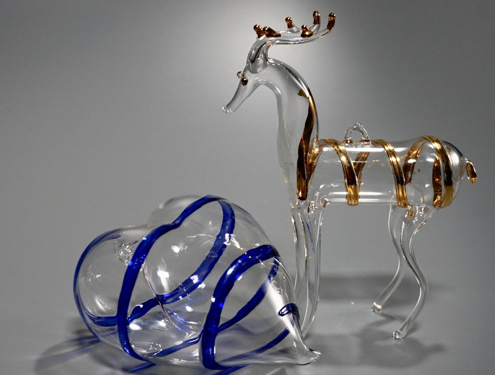 Heart Deer Italian Art Glass Blown Christmas Ornaments: Heart Deer Italian Art Glass Blown Christmas Ornaments Heart is approximately 4 7/16 x 4 1/8 inches; deer is about 4 11/16 x 6 inches.