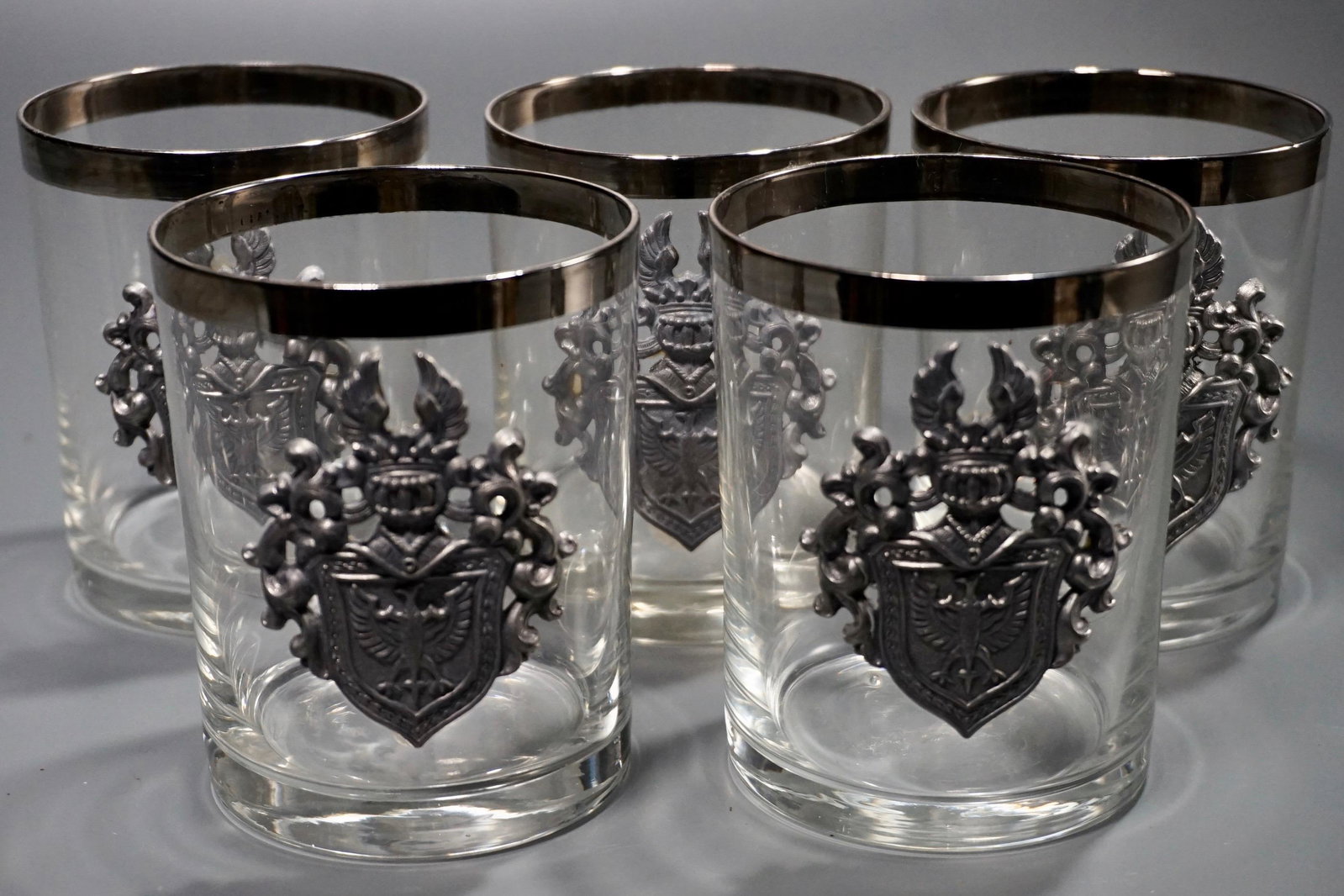 Silver Rim Armorial Crest Whisky Glass Lot of 5 Bar: Silver Rim Armorial Crest Whisky Glass Lot of 5 Bar Glasses Approximately 3 7/8 inches tall.