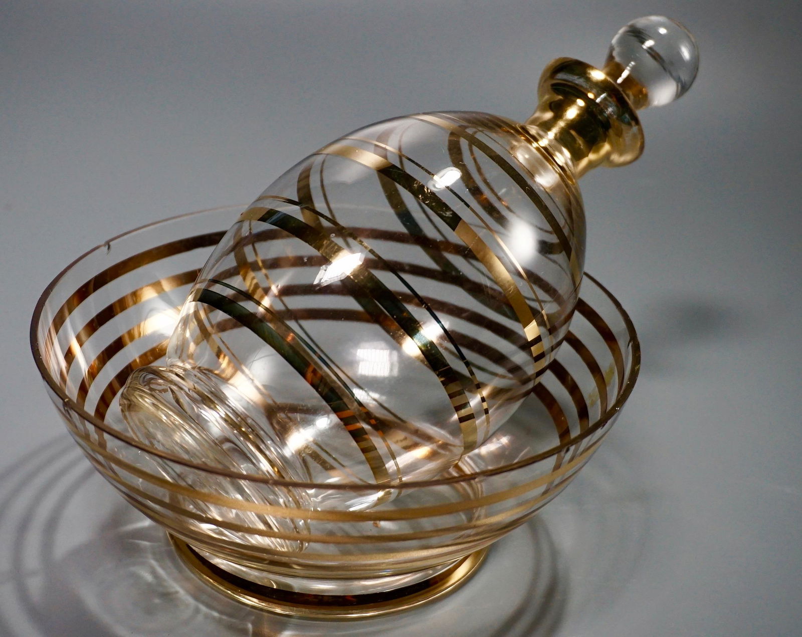 Vintage Mid Century Glass Bowl Decanter Gold Ring (1 of 5)