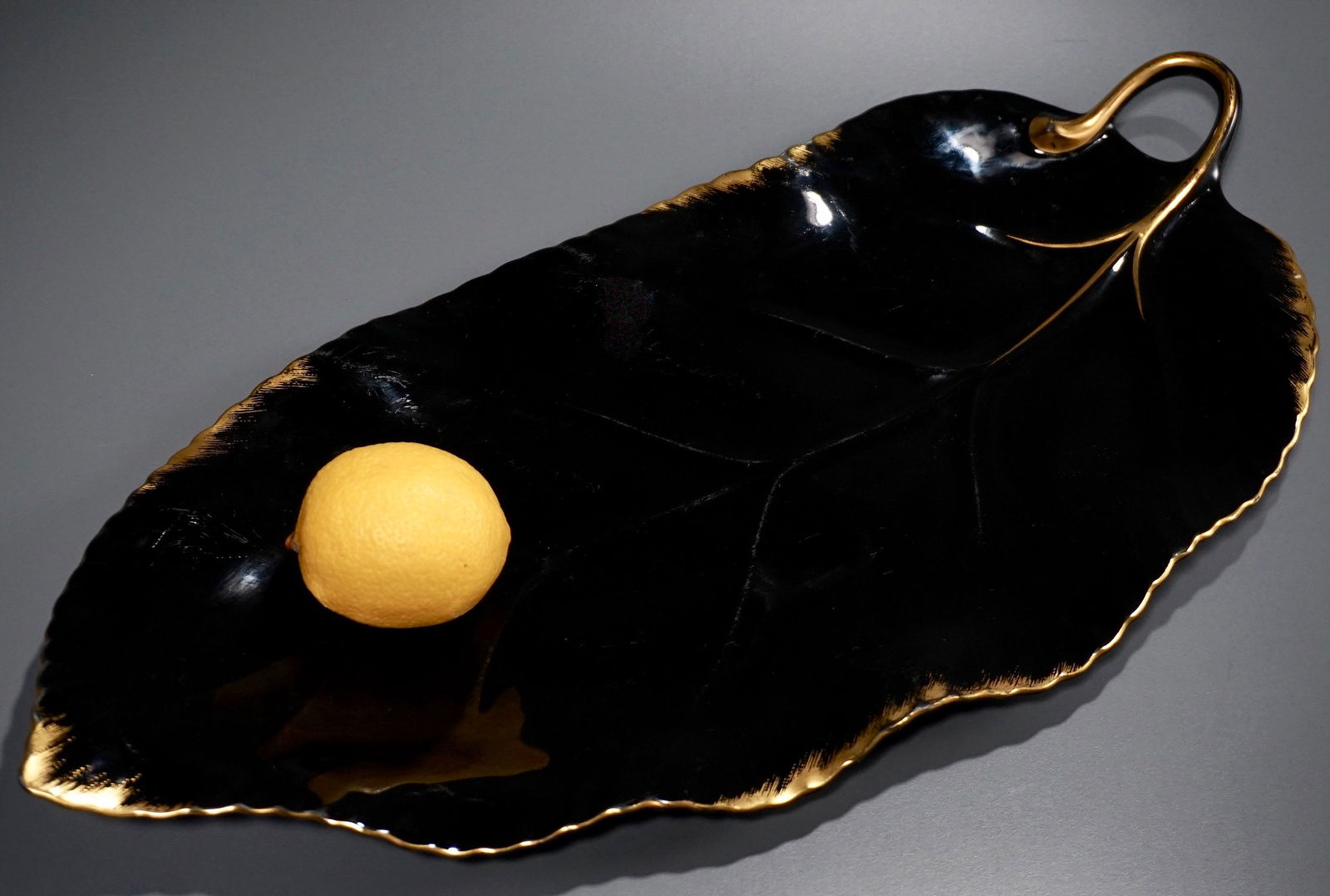 Rare Mikasa Black Porcelain Leaf Platter Ebony: Rare Mikasa Black Porcelain Leaf Platter Ebony Treasures Art Deco Style Approximately 15 3/4 x 7 13/16 inches.