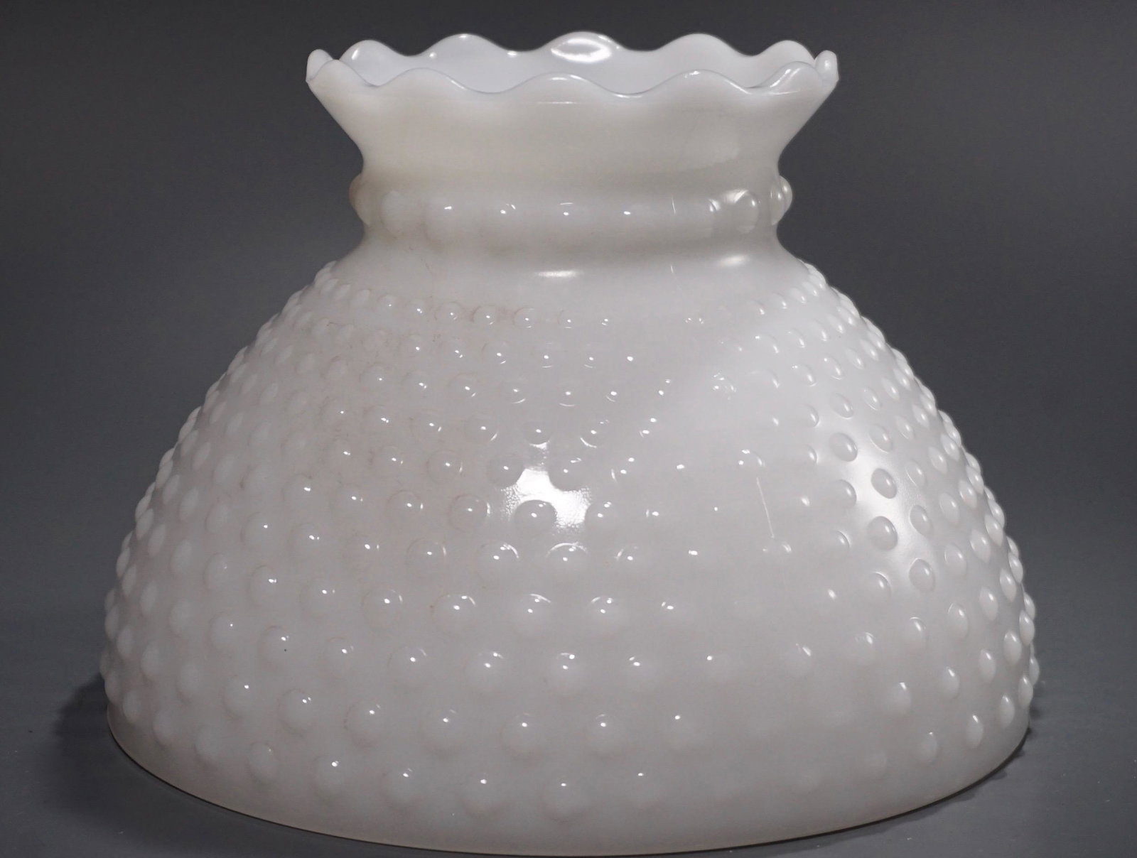 Milk Glass Hobnail Kerosine Lamp Shade: Milk Glass Hobnail Kerosine Lamp Shade Approximately 5 7/8 inches tall x 7 15/16 inches in diameter fitter.