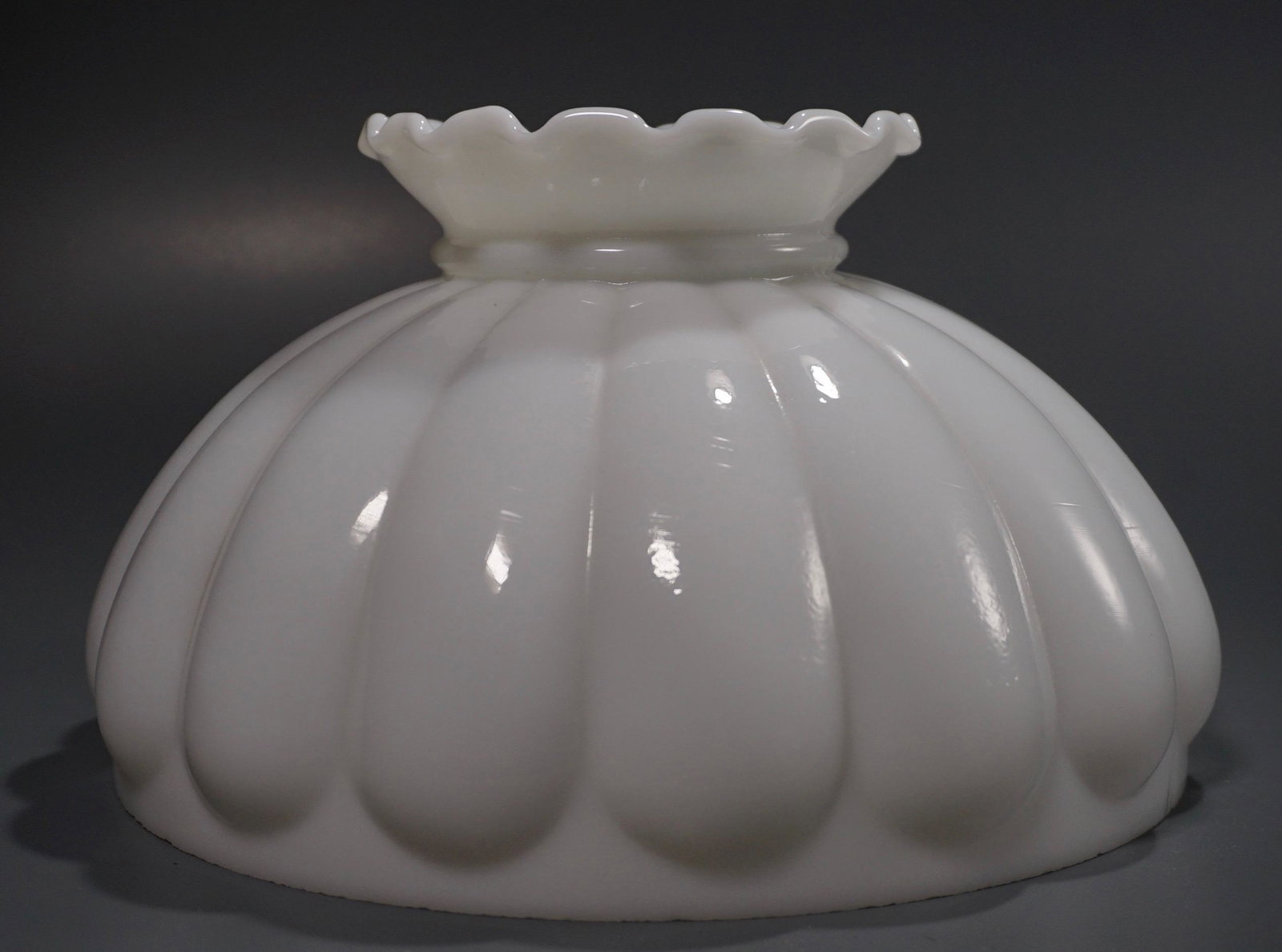 Vintage Milk Glass Scalloped Kerosine Oil Lamp Shade: Vintage Milk Glass Scalloped Kerosine Oil Lamp Shade Approximately 6 1/4 inches tall x 10 inches in diameter fitter.