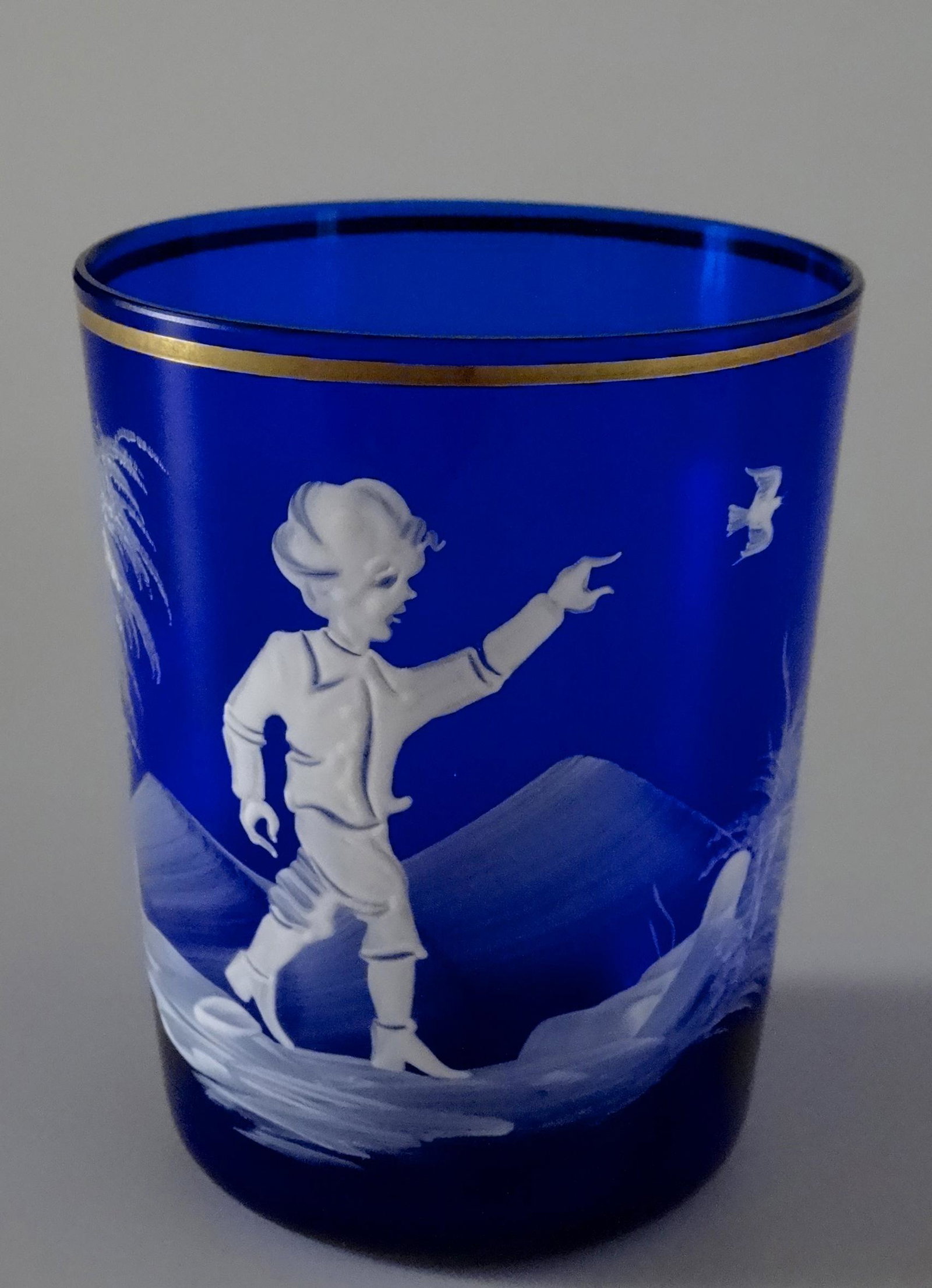 Antique Victorian Mary Gregory Cobalt Glass Beaker Vase: Antique Victorian Mary Gregory Cobalt Glass Beaker Vase Approximately 3 _ inches tall and 2 13/16 inches in diameter.