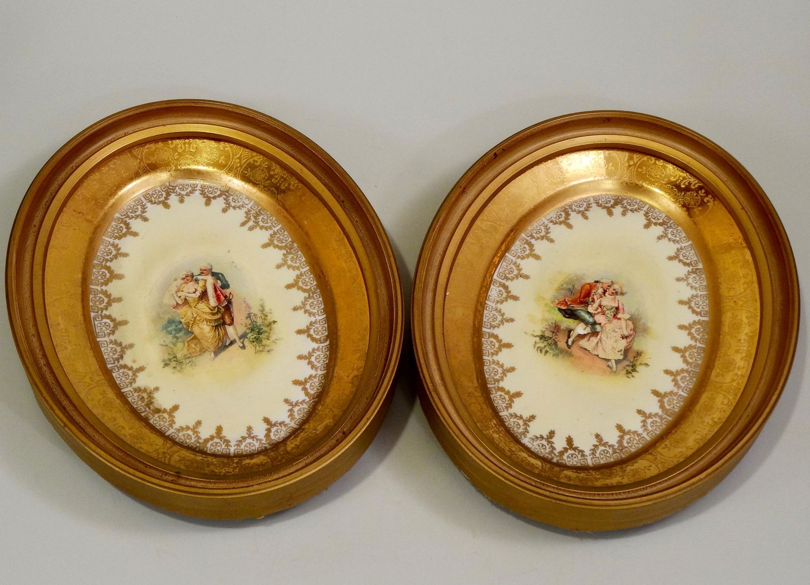 Pair Oval Framed Porcelain Wall Plaques Galant Couples (1 of 8)