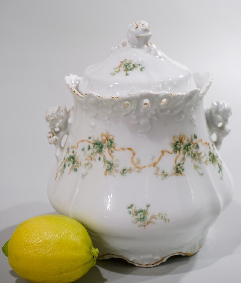 Large German Porcelain Lidded Jar Eglantine: Large German Porcelain Lidded Jar Eglantine Porzellanfabrik Hermann Ohme Approximately 7 11/16 inches tall x 6 inches in diameter.