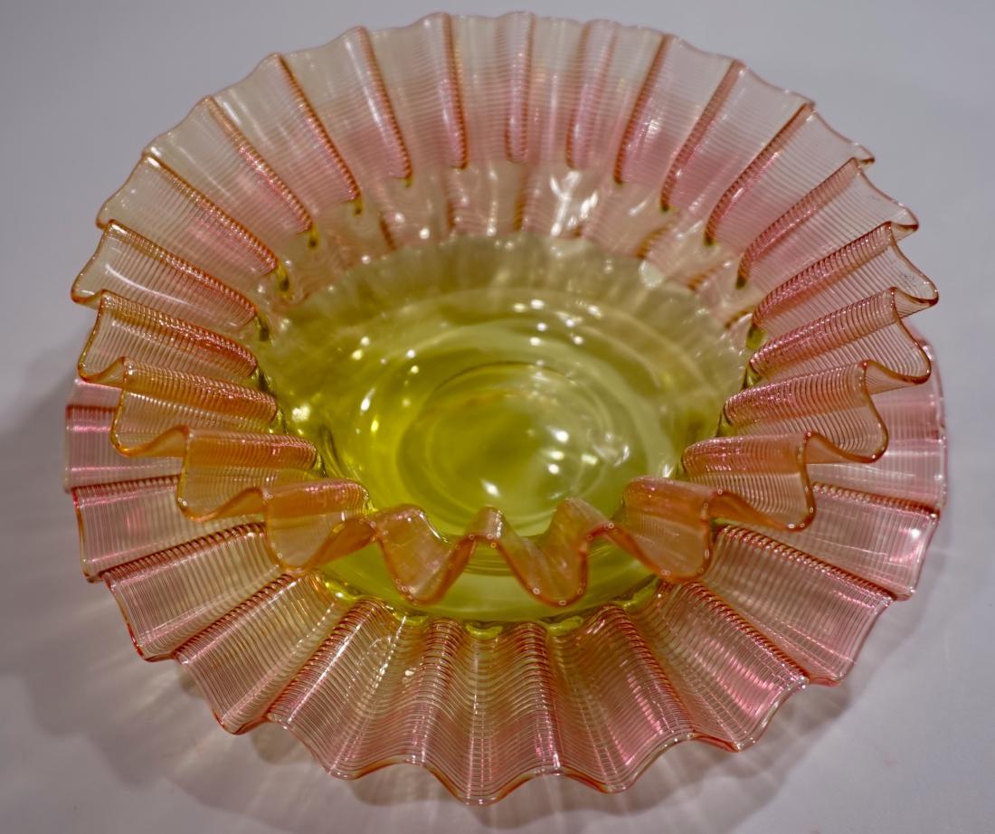 Victorian Watermelon Art Glass Duo Reeded Crimped Bowl: Victorian Watermelon Art Glass Duo Reeded Crimped Bowl Underplate Optical Quality Polished Pontil Approximately 2 1/8 x 5 3/8 inches in diameter and 6 3/16 inches in diameter.