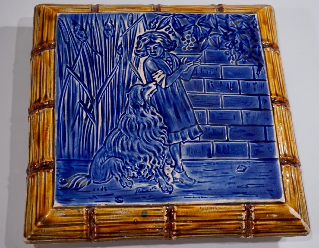 Antique Majolica Footed Tile Trivet Girl And Dog Hot (1 of 5)