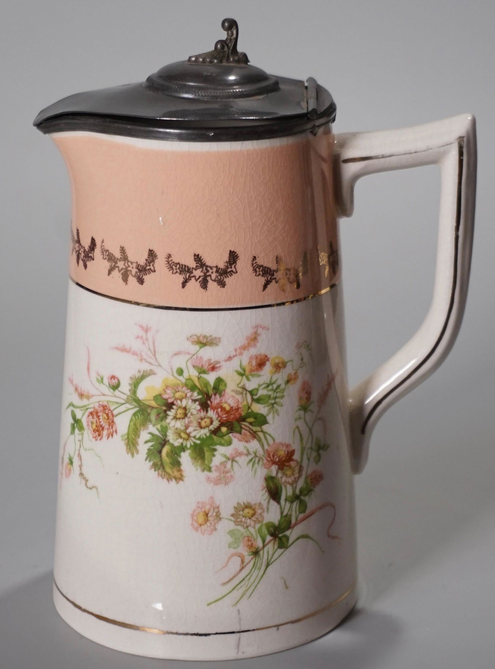 Antique Ceramic Pitcher Pewter Hinged Lid (1 of 4)